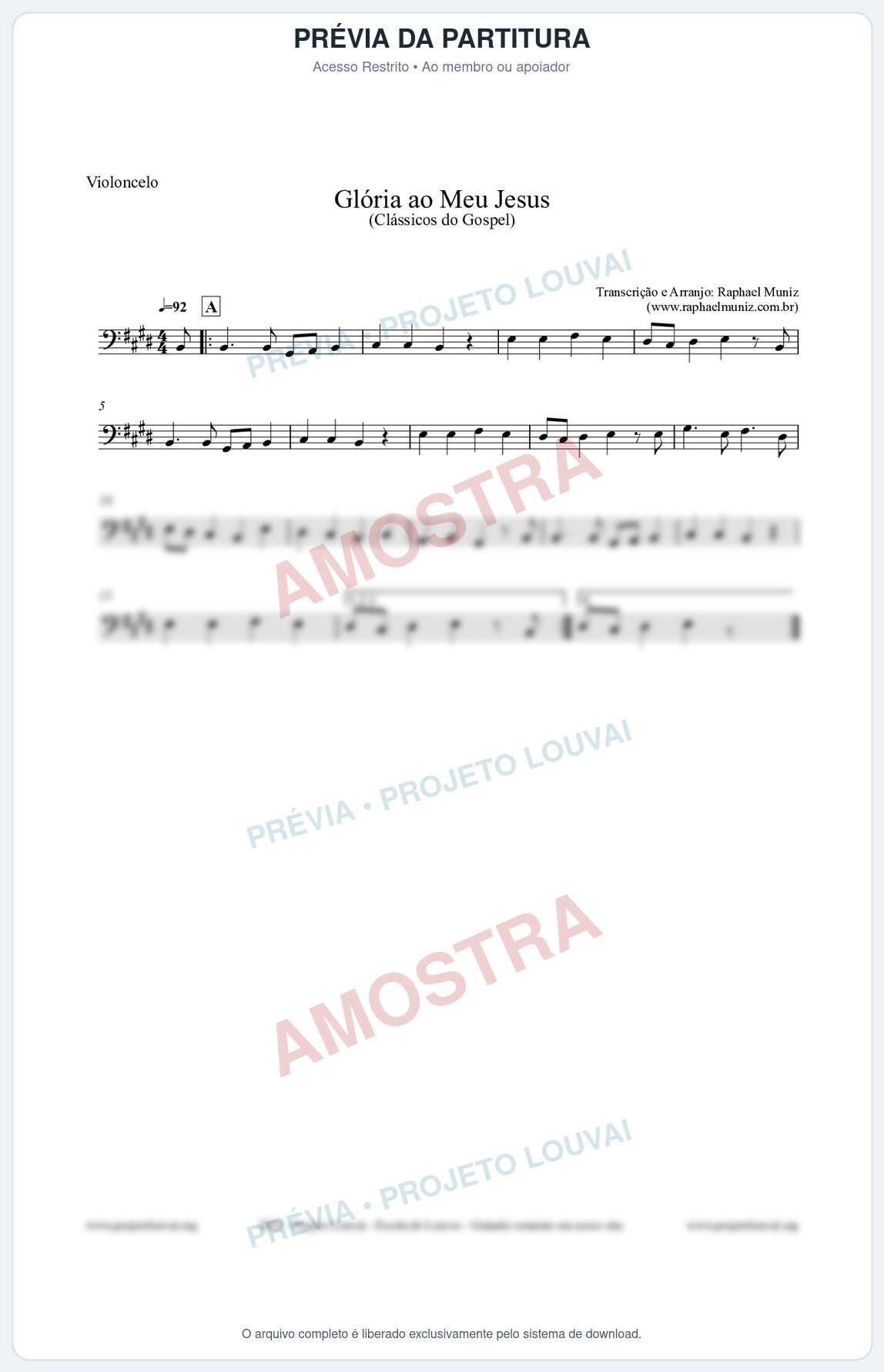 Prévia protegida da primeira página da partitura Partitura para Violoncelo - Glória ao meu Jesus - Harpa Cristã nº31 - Clássicos do Gospel
