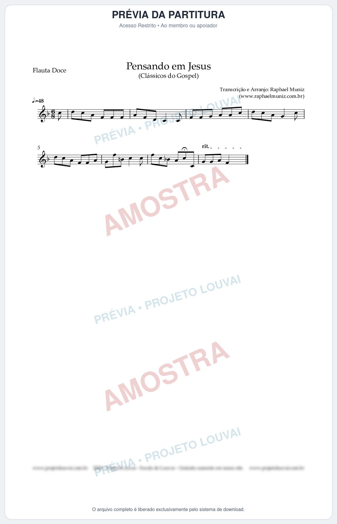 Prévia protegida da primeira página da partitura Partitura para Flauta Doce (Soprano) - Pensando em Jesus - Harpa Cristã nº 17 - Clássicos do Gospel