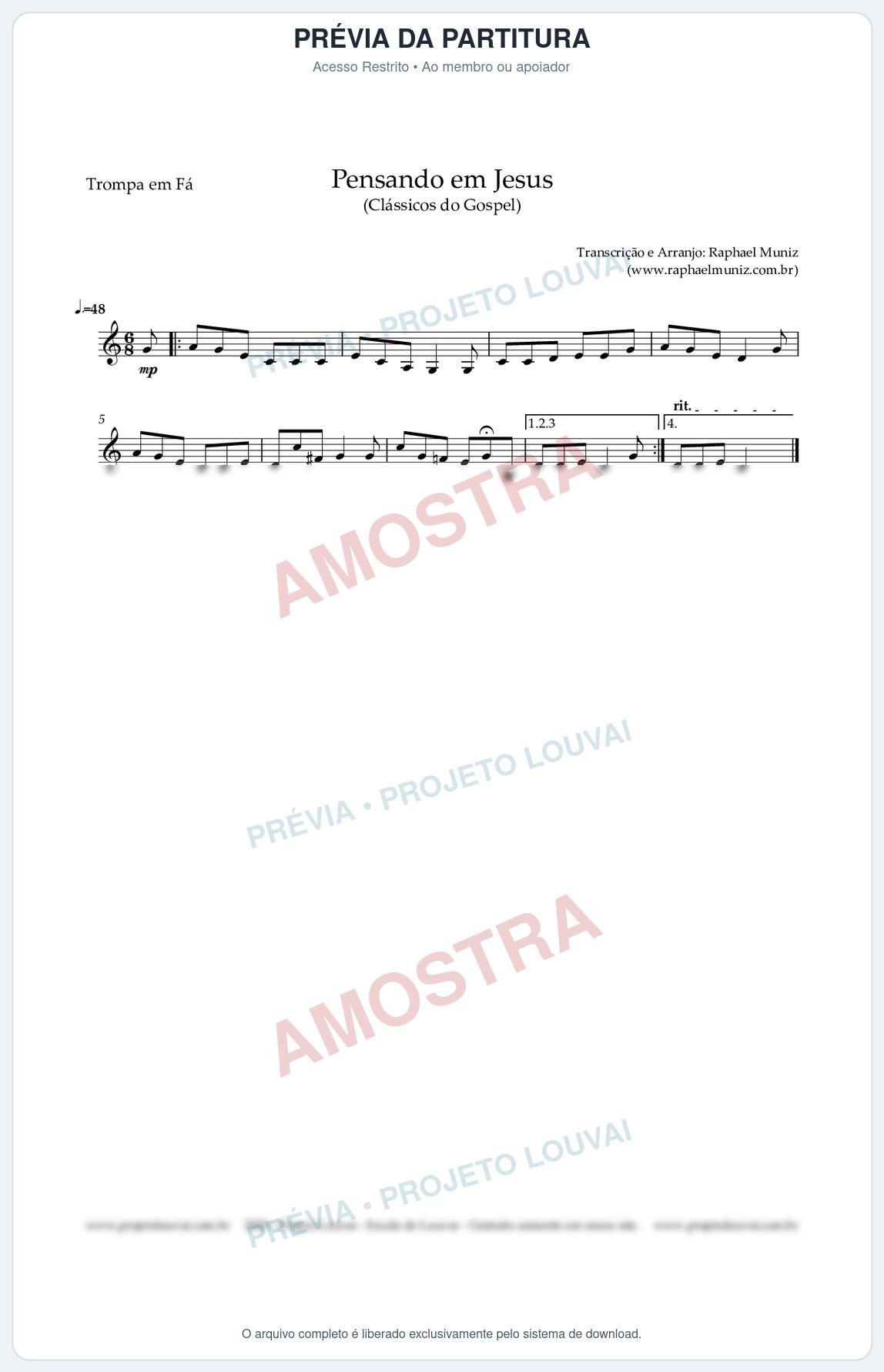 Prévia protegida da primeira página da partitura Partitura para Trompa em Fá - Pensando em Jesus - Harpa Cristã nº 17 - Clássicos do Gospel