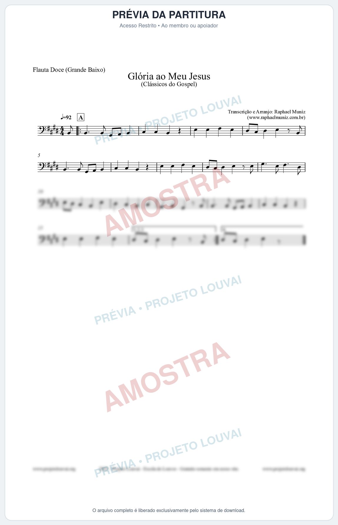 Prévia protegida da primeira página da partitura Partitura para Flauta Doce (Grande Baixo) - Glória ao meu Jesus - Harpa Cristã nº31 - Clássicos do Gospel
