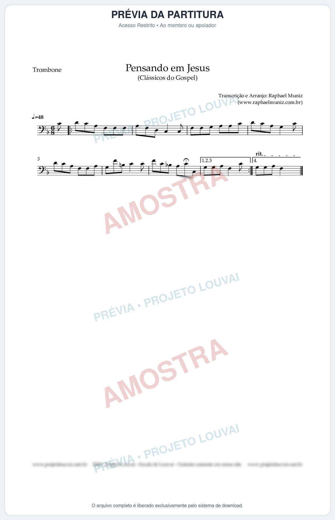 Prévia protegida da primeira página da partitura Partitura para Trombone - Pensando em Jesus - Harpa Cristã nº 17 - Clássicos do Gospel