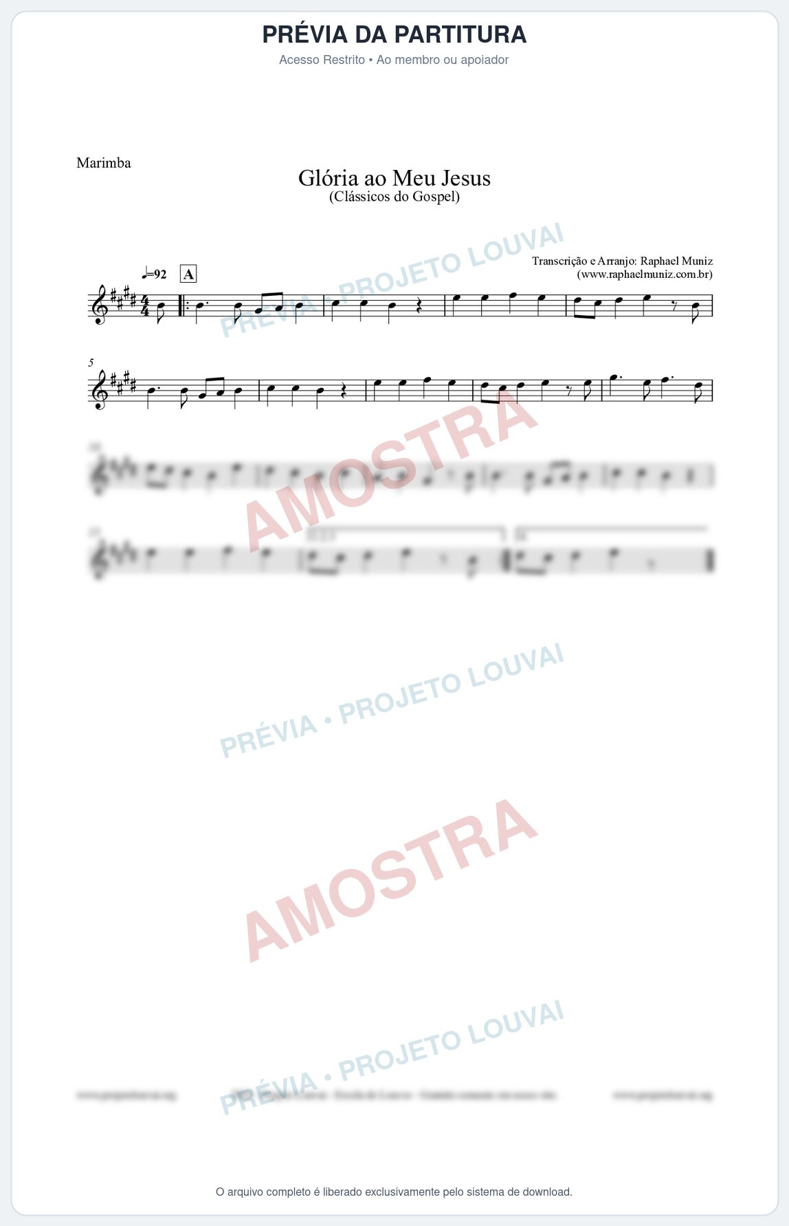 Prévia protegida da primeira página da partitura Partitura para Marimba - Glória ao meu Jesus - Harpa Cristã nº31 - Clássicos do Gospel