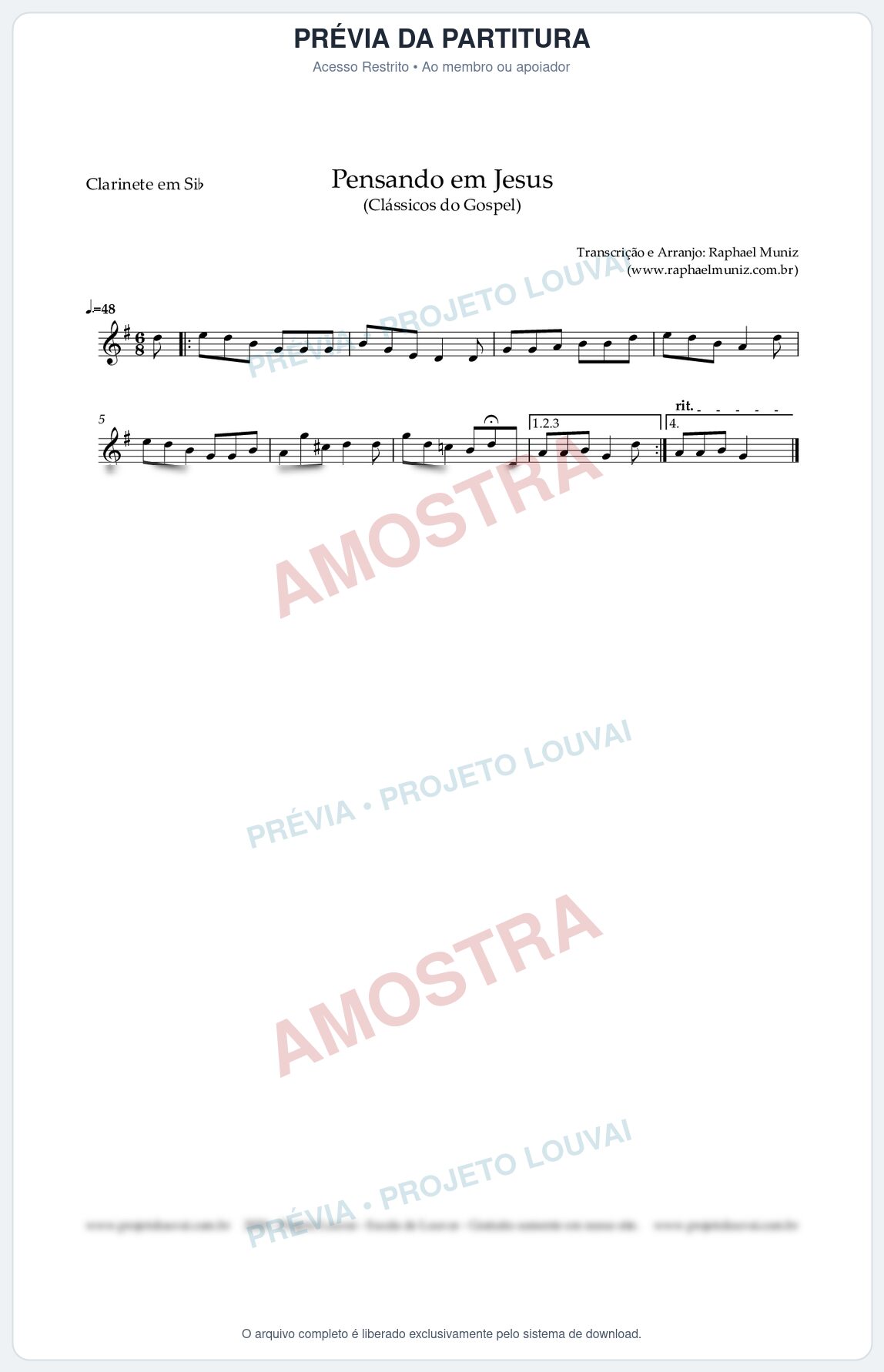 Prévia protegida da primeira página da partitura Partitura para Clarinete em Bb - Pensando em Cristo - Harpa Cristã nº 17 - Clássicos do Gospel