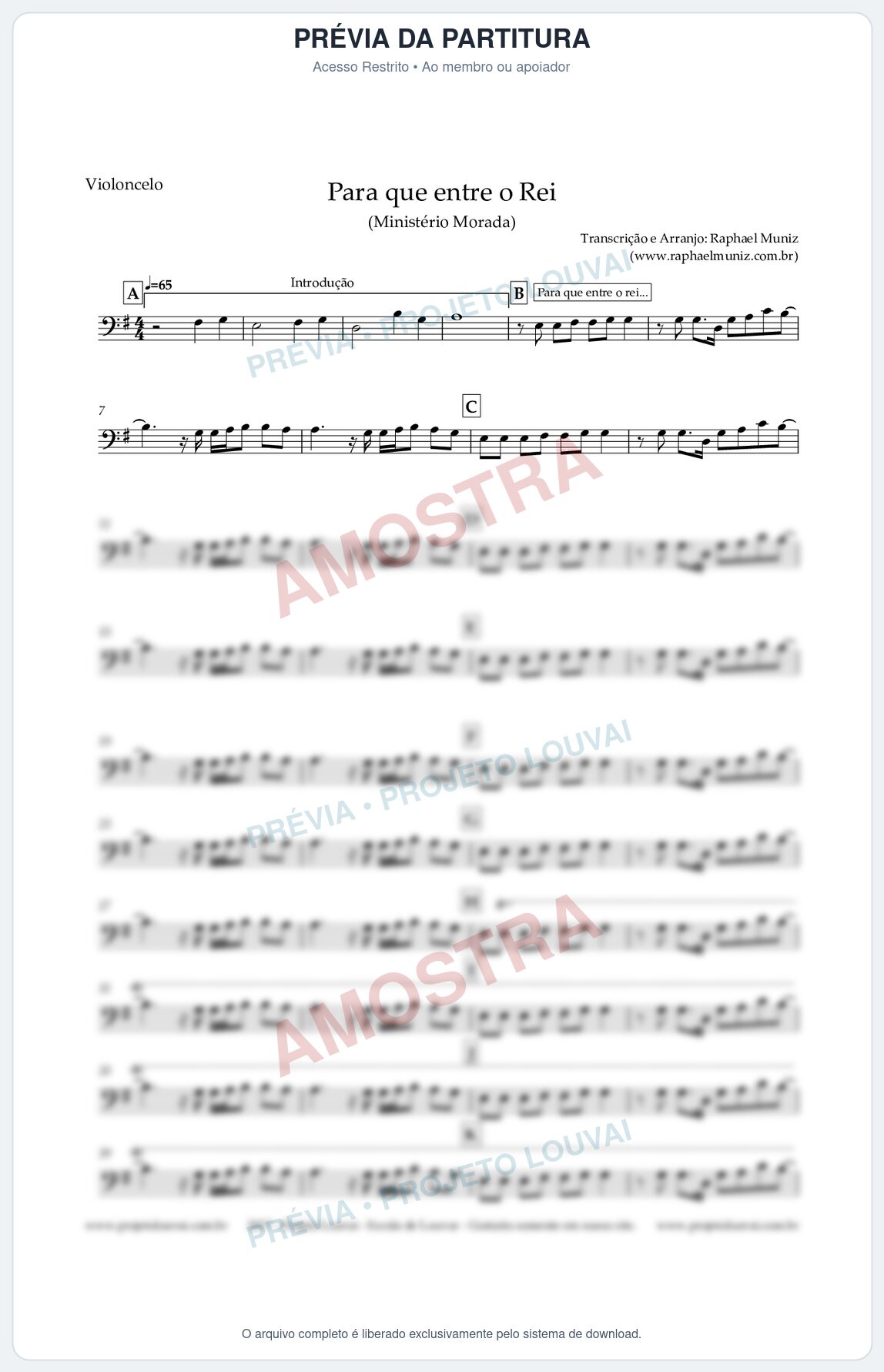 Prévia protegida da primeira página da partitura Partitura para Violoncelo - Para que Entre o Rei - Ministério Morada