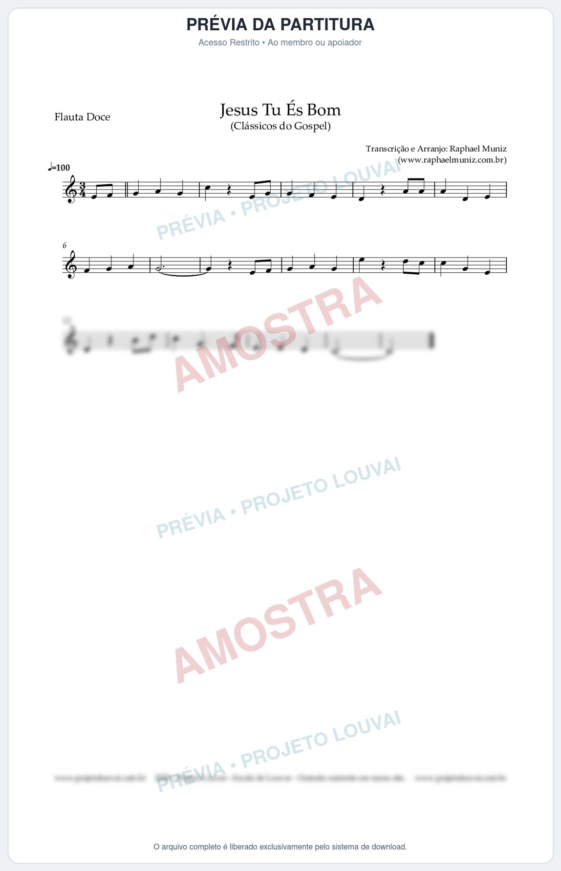 Prévia protegida da primeira página da partitura Partitura para Flauta Doce (Soprano) - Jesus Tu És Bom - Harpa Crista nº 25 - Clássicos do Gospel