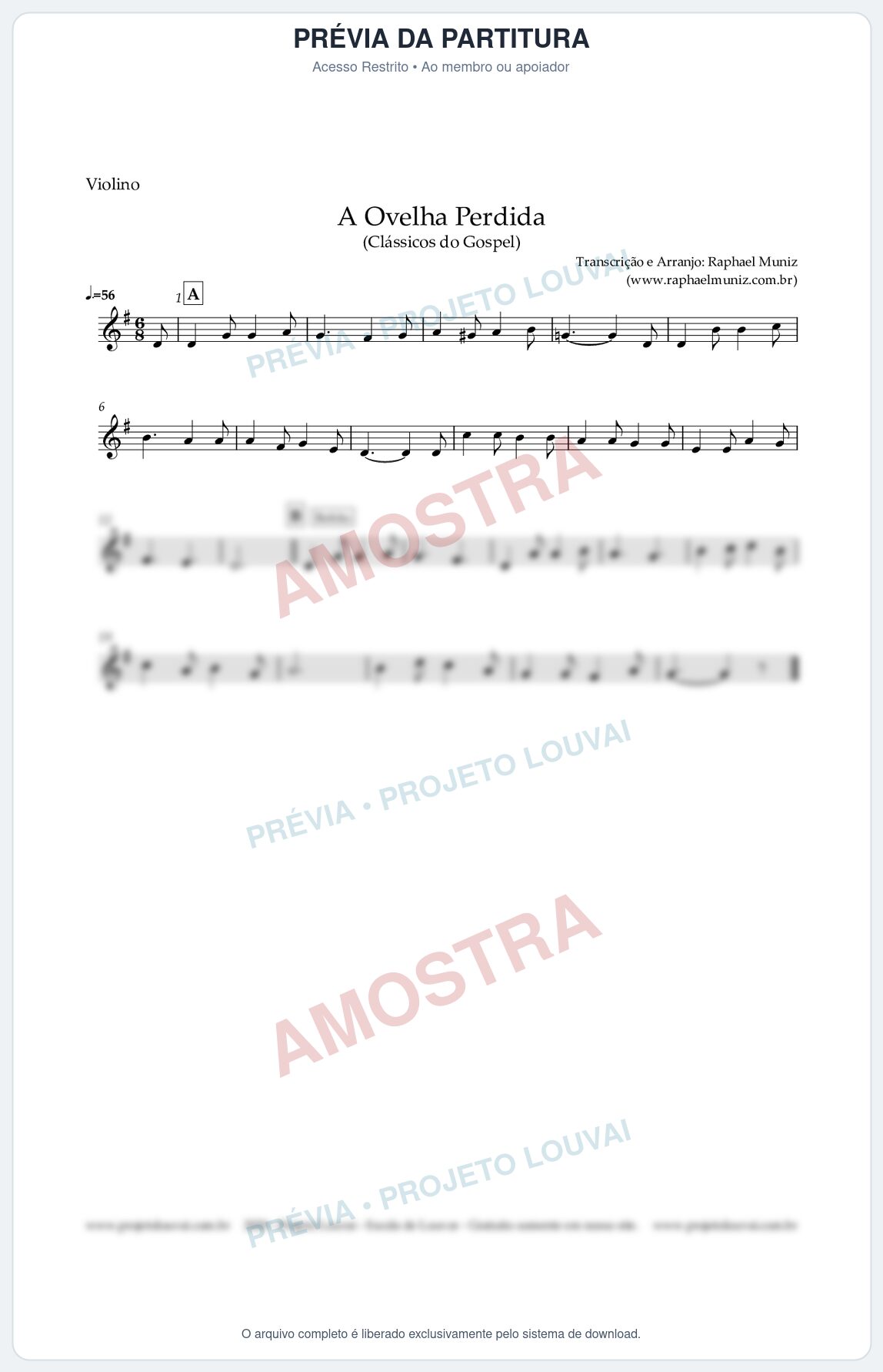 Prévia protegida da primeira página da partitura Partitura para Violino - A Ovelha Perdida - Harpa Cristã nº156 - Clássicos do Gospel