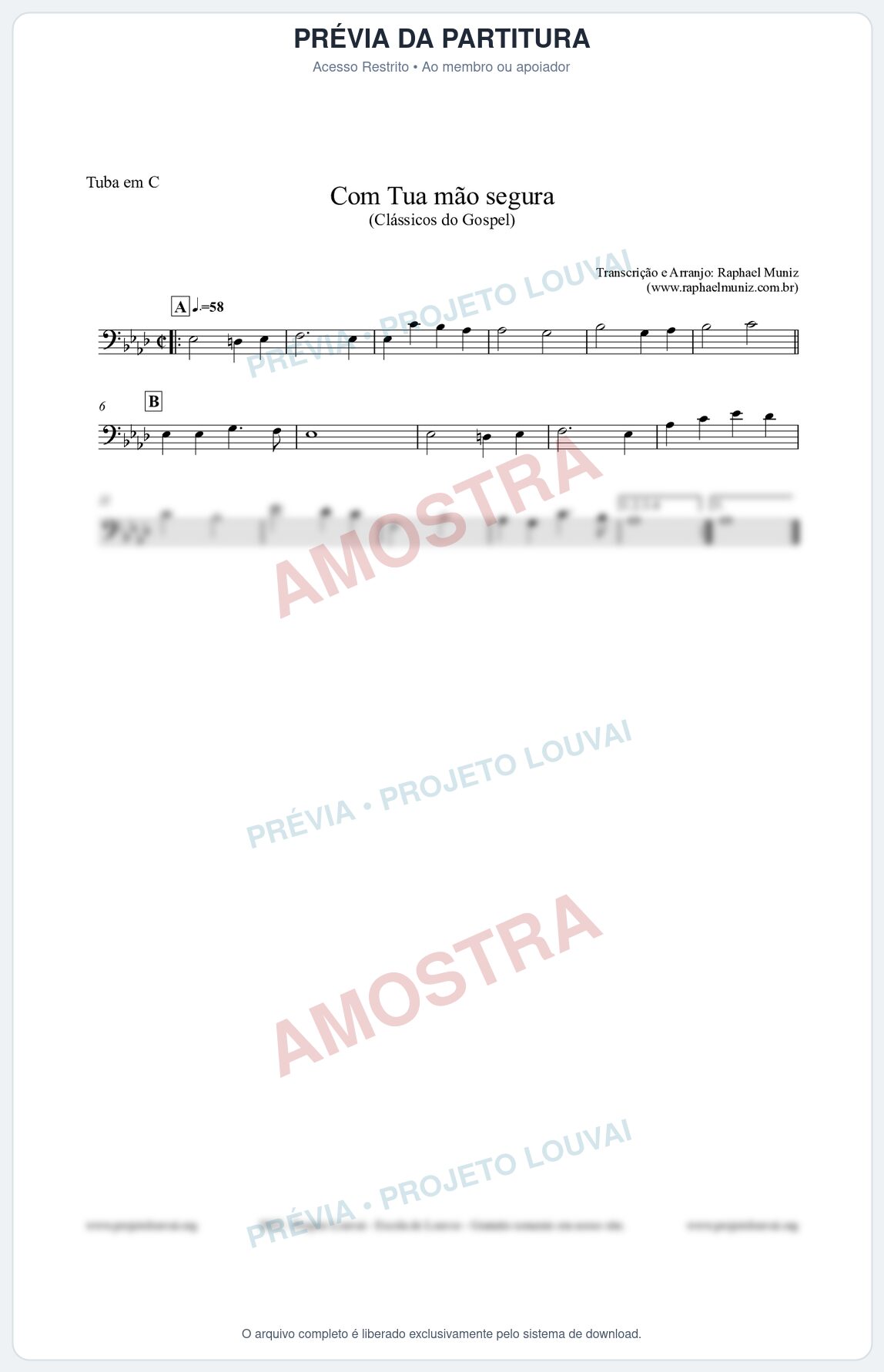 Prévia protegida da primeira página da partitura Partitura para Tuba em C - Com tua mão segura - Harpa Cristã nº33 - Clássicos do Gospel