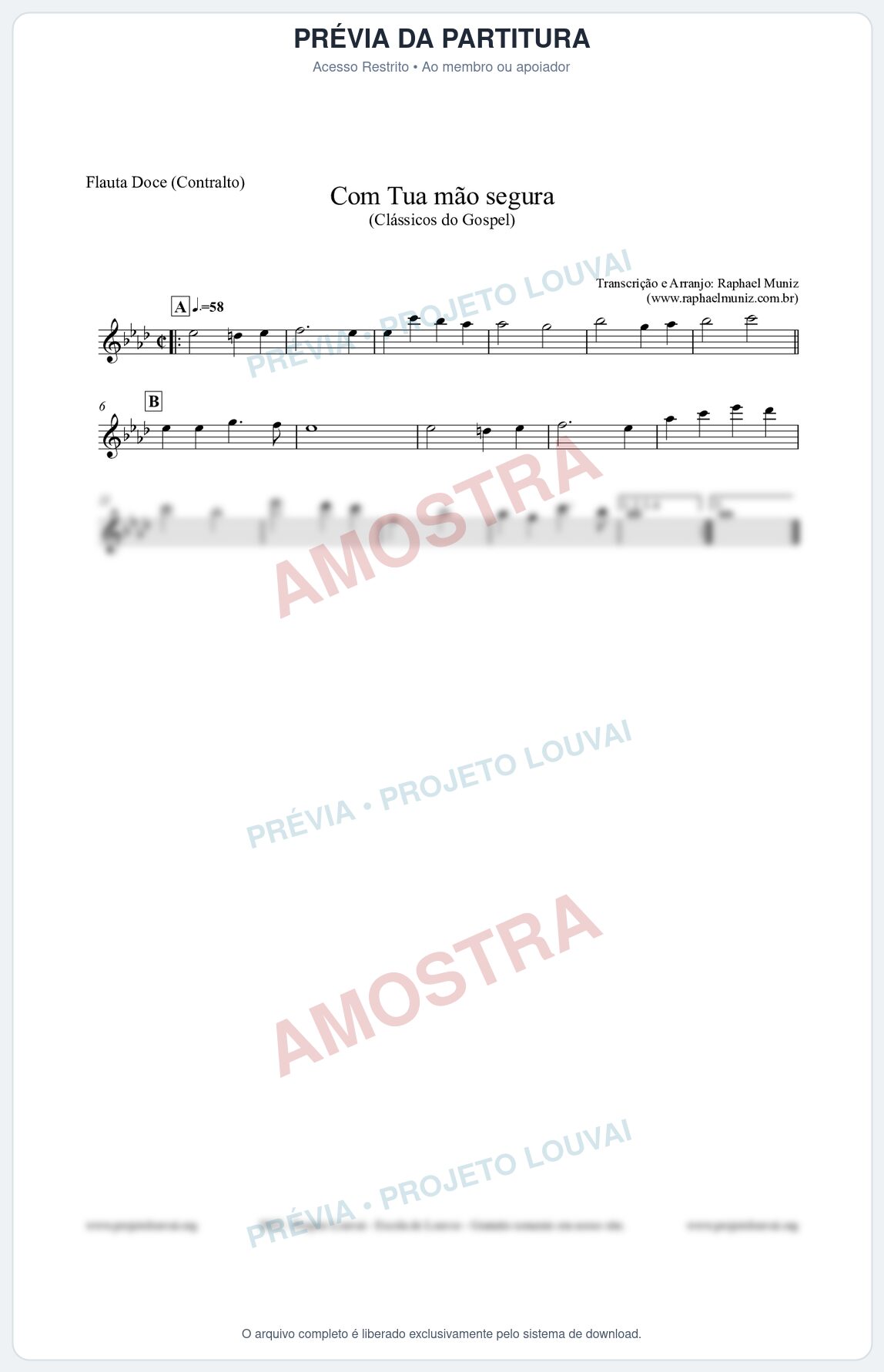 Prévia protegida da primeira página da partitura Partitura para Flauta Doce (Contralto) - Com tua mão segura - Harpa Cristã nº33 - Clássicos do Gospel