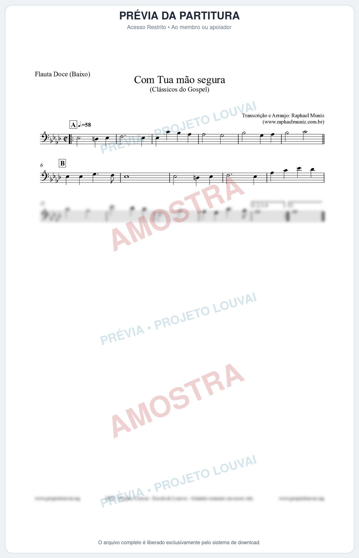 Prévia protegida da primeira página da partitura Partitura para Flauta Doce (Baixo) - Com tua mão segura - Harpa Cristã nº33 - Clássicos do Gospel