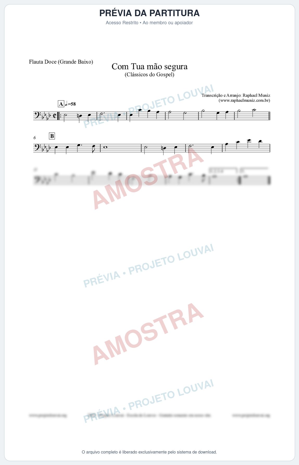 Prévia protegida da primeira página da partitura Partitura para Flauta Doce (Grande Baixo) - Com tua mão segura - Harpa Cristã nº33 - Clássicos do Gospel