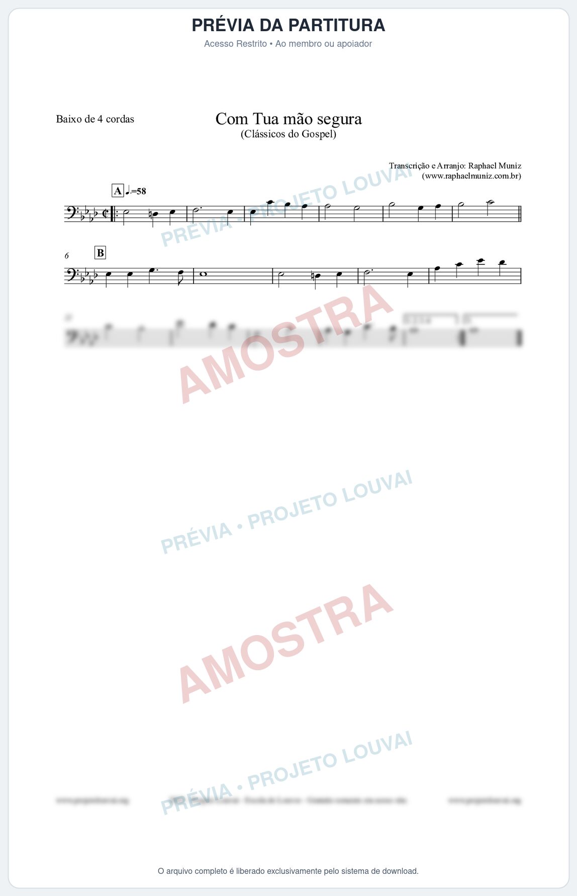Prévia protegida da primeira página da partitura Partitura para Baixo de 4 cordas - Com tua mão segura - Harpa Cristã nº33 - Clássicos do Gospel