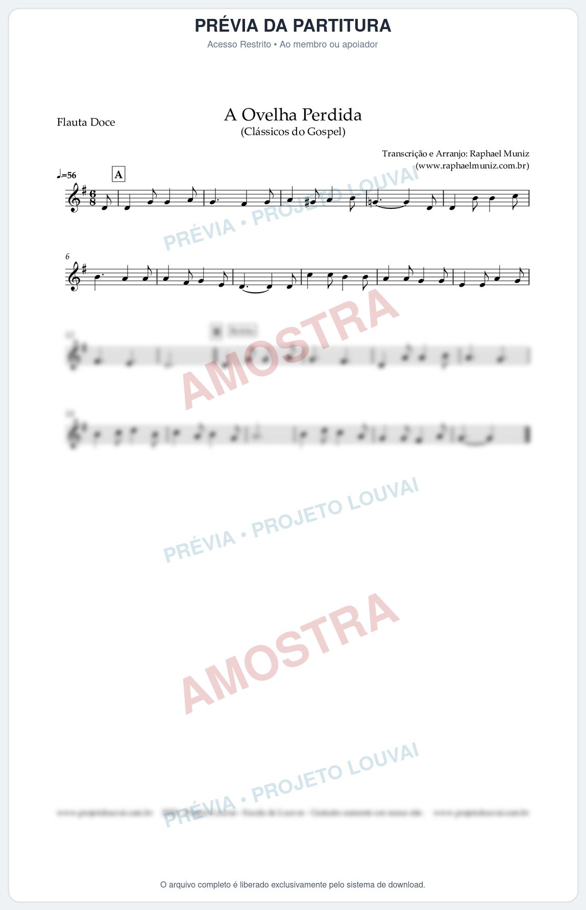 Prévia protegida da primeira página da partitura Partitura para Flauta Doce (Soprano) - A Ovelha Perdida - Harpa Cristã nº156 - Clássicos do Gospel