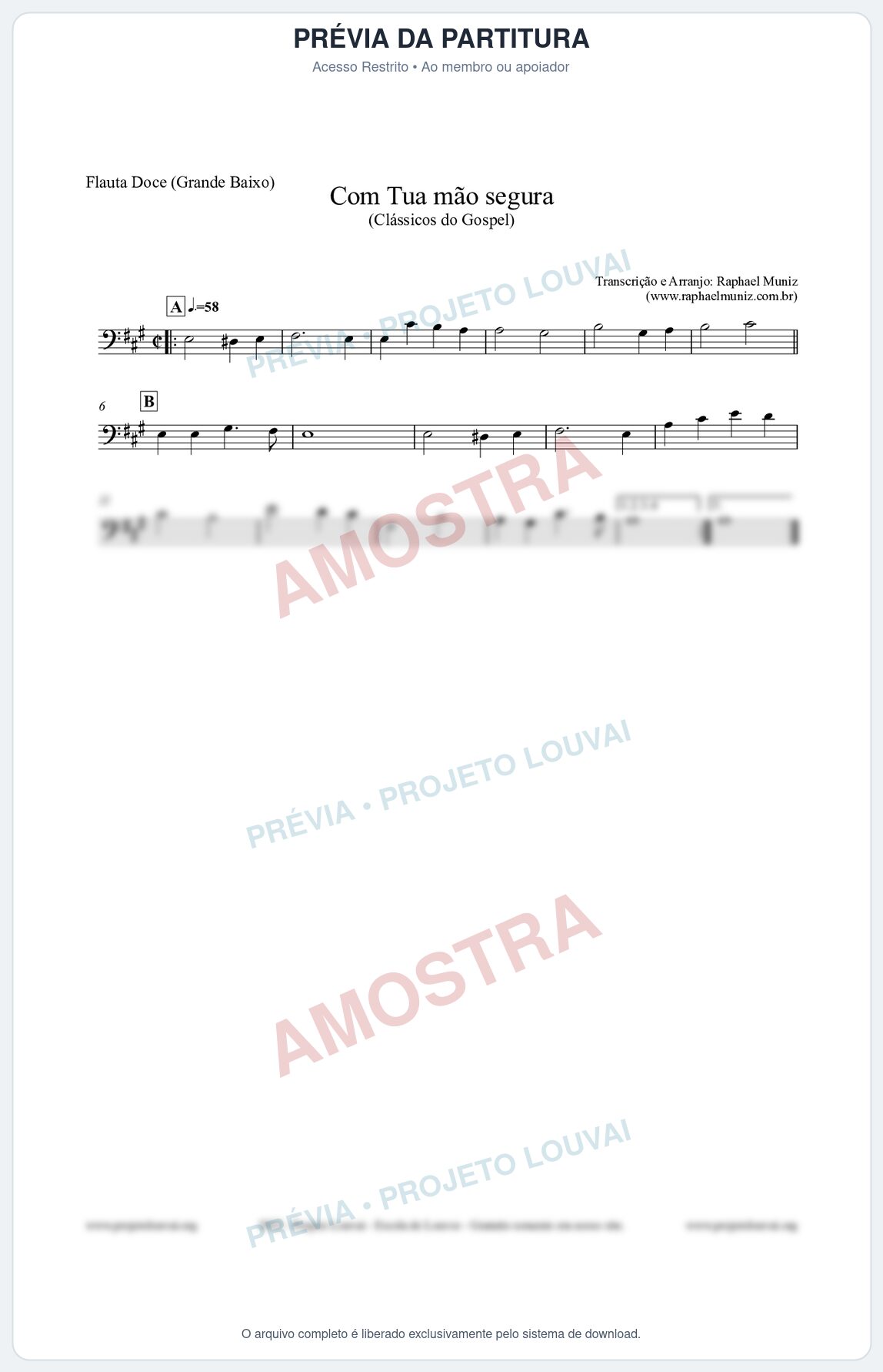 Prévia protegida da primeira página da partitura Partitura para Flauta Doce (Grande Baixo) - Com tua mão segura - Harpa Cristã nº33 - Clássicos do Gospel