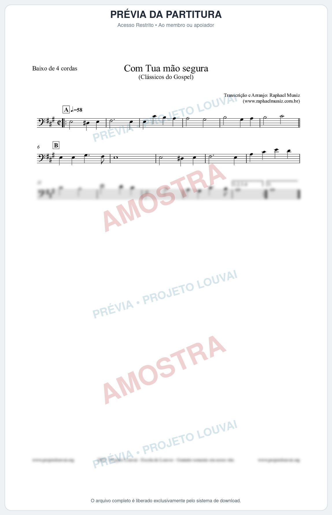 Prévia protegida da primeira página da partitura Partitura para Baixo de 4 cordas - Com tua mão segura - Harpa Cristã nº33 - Clássicos do Gospel