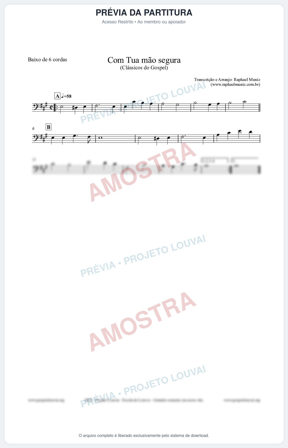 Prévia protegida da primeira página da partitura Partitura para Baixo de 6 cordas - Com tua mão segura - Harpa Cristã nº33 - Clássicos do Gospel