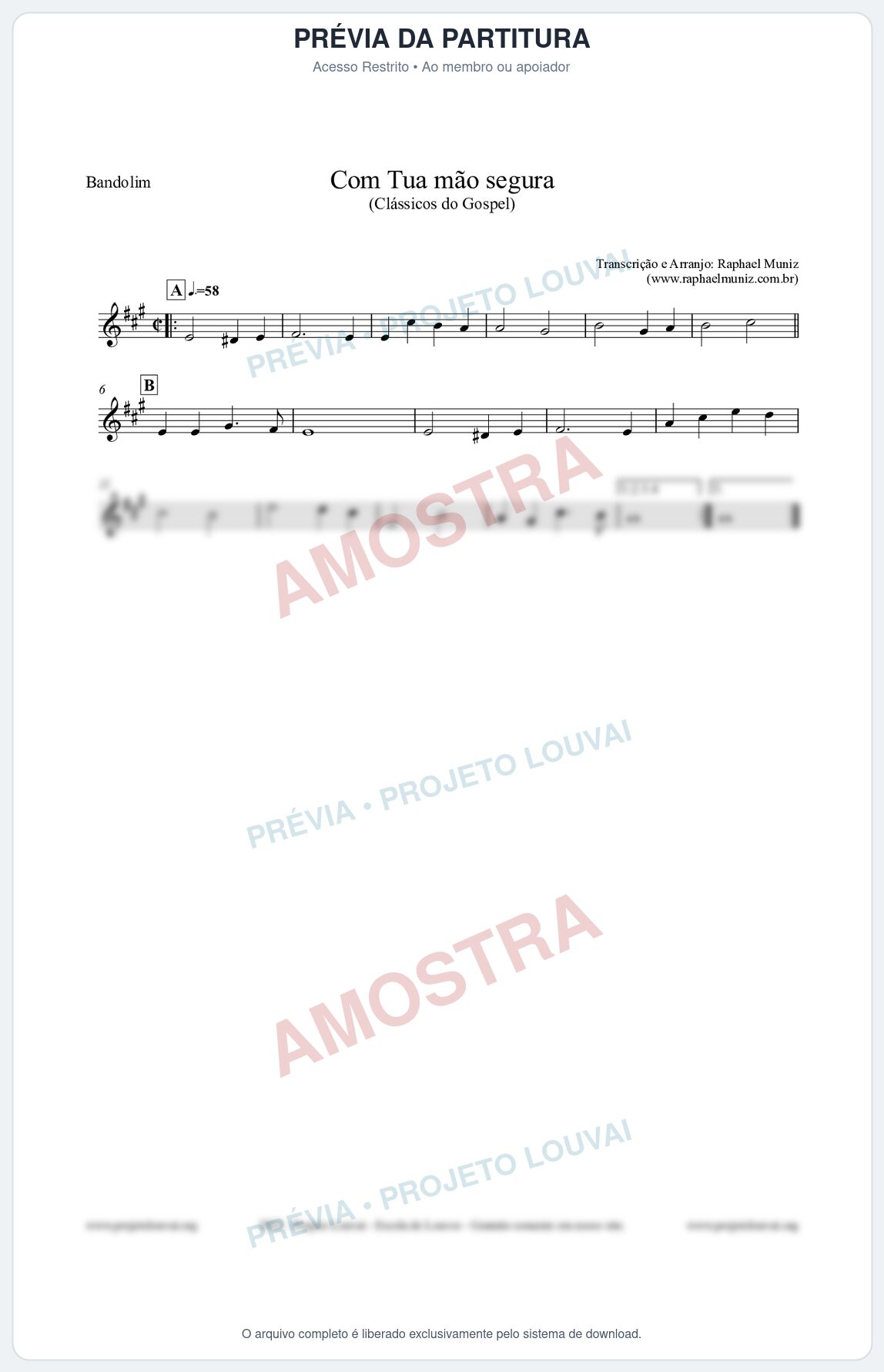 Prévia protegida da primeira página da partitura Partitura para Bandolim - Com tua mão segura - Harpa Cristã nº33 - Clássicos do Gospel