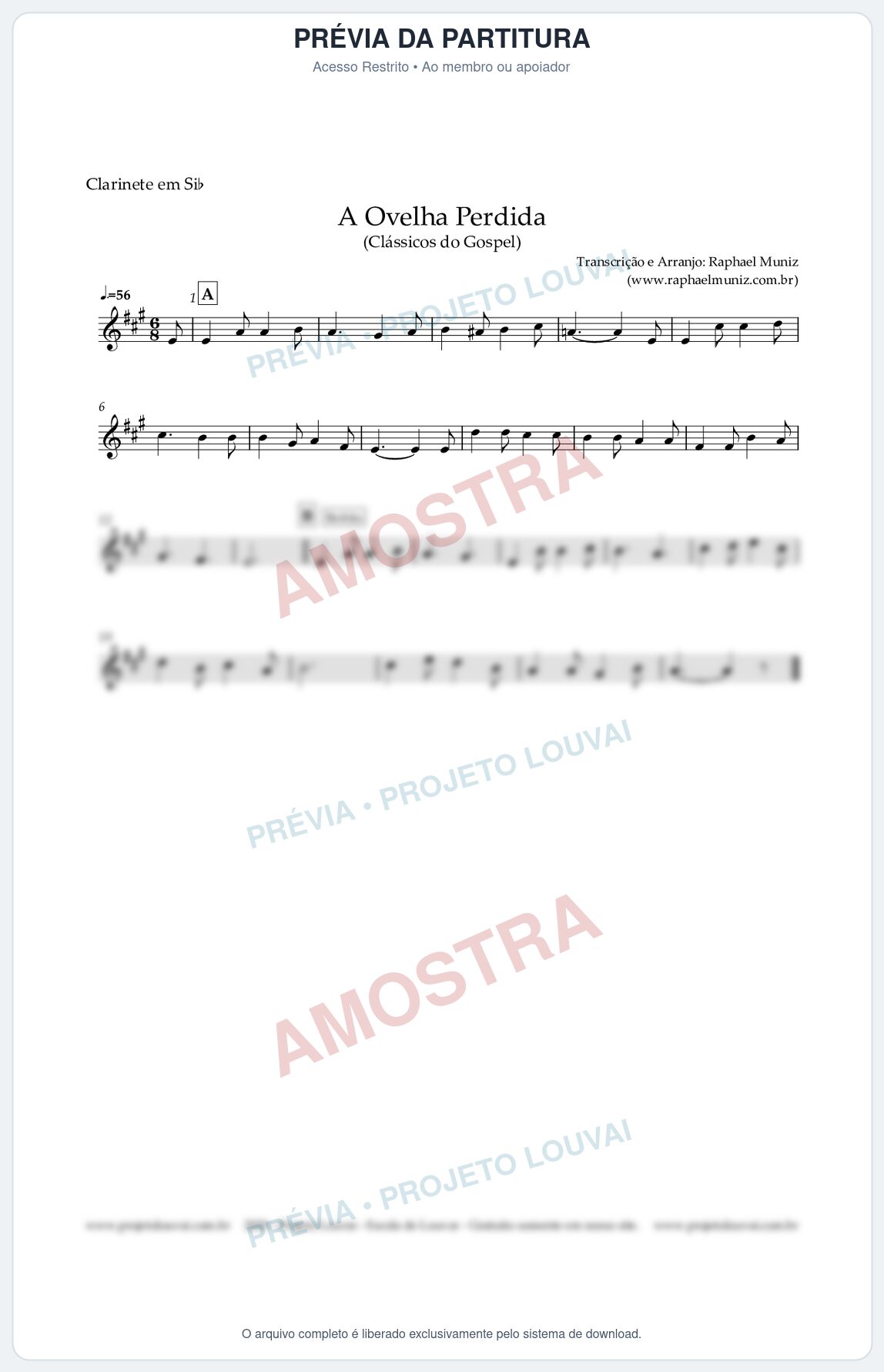 Prévia protegida da primeira página da partitura Partitura para Clarinete em Bb - A Ovelha Perdida - Harpa Cristã nº156 - Clássicos do Gospel
