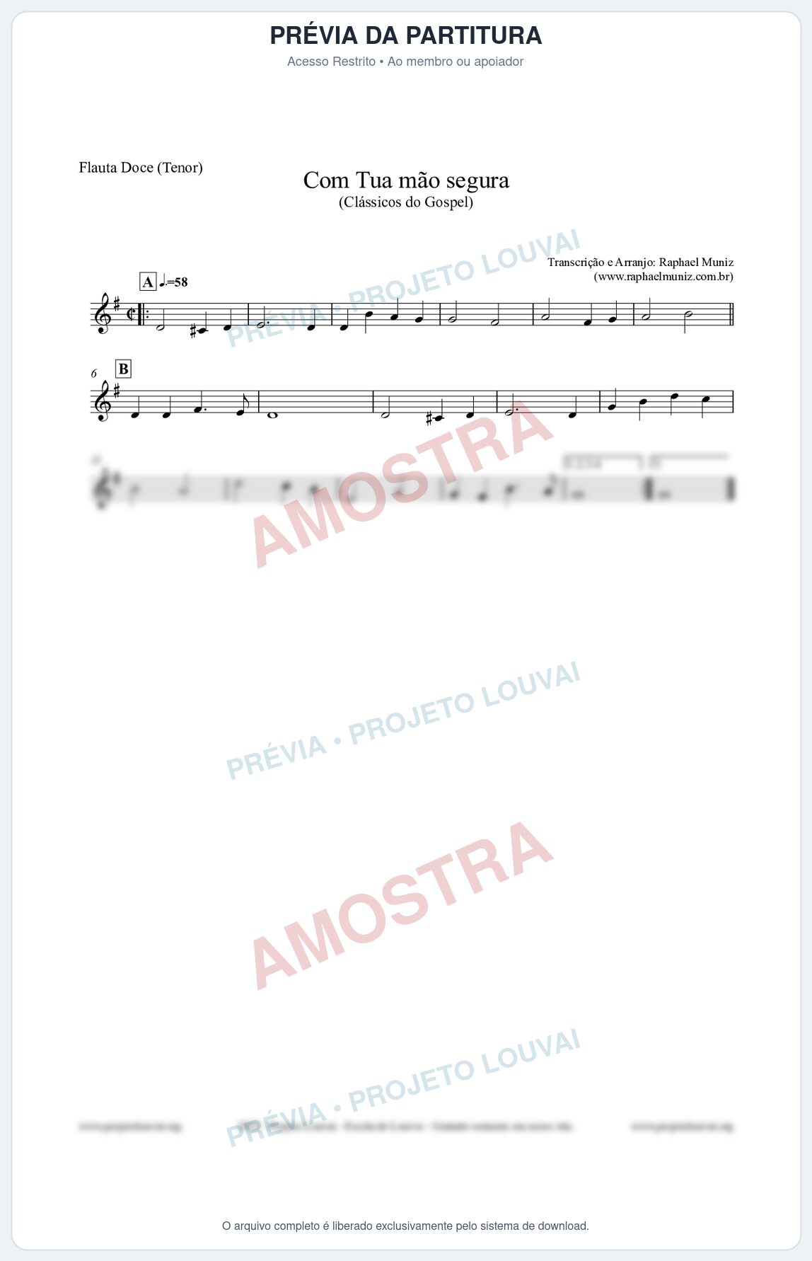 Prévia protegida da primeira página da partitura Partitura para Flauta Doce (Tenor) - Com tua mão segura - Harpa Cristã nº33 - Clássicos do Gospel