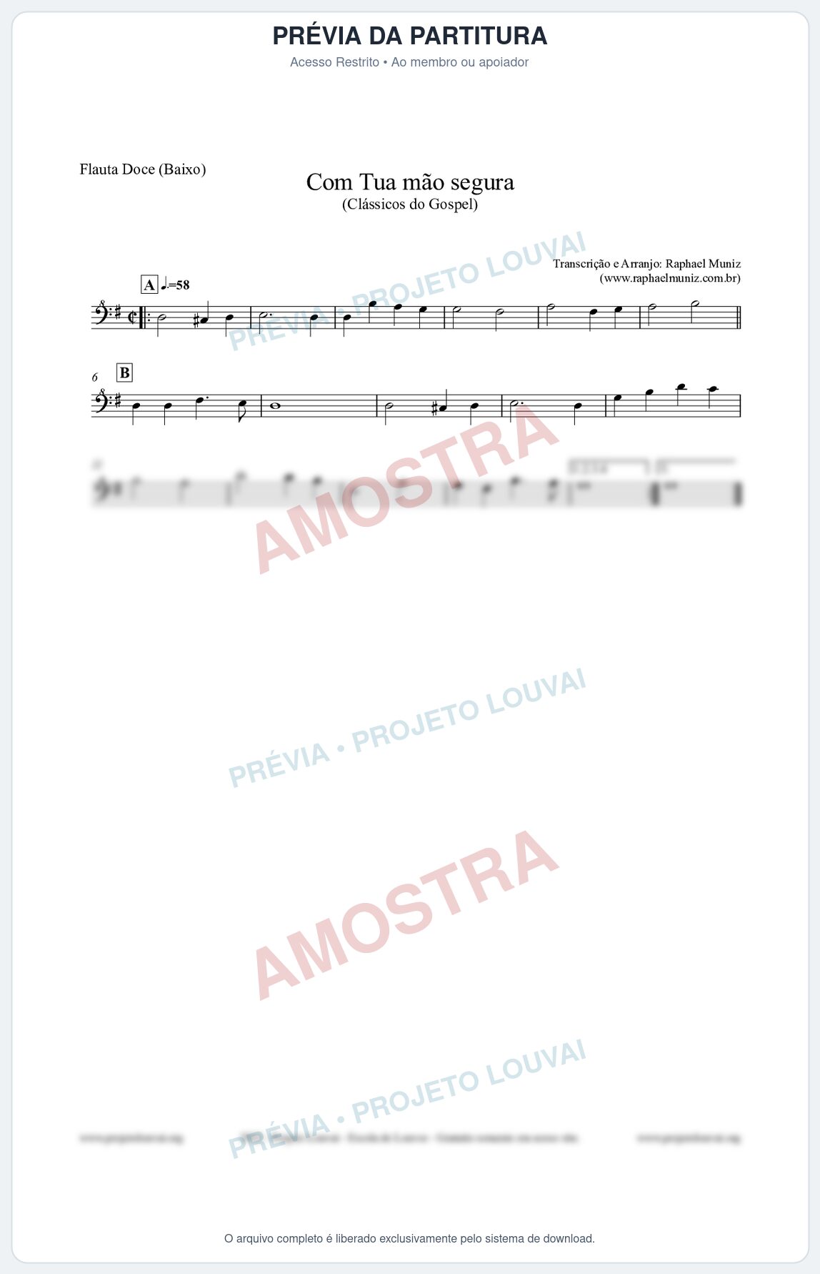 Prévia protegida da primeira página da partitura Partitura para Flauta Doce (Baixo) - Com tua mão segura - Harpa Cristã nº33 - Clássicos do Gospel