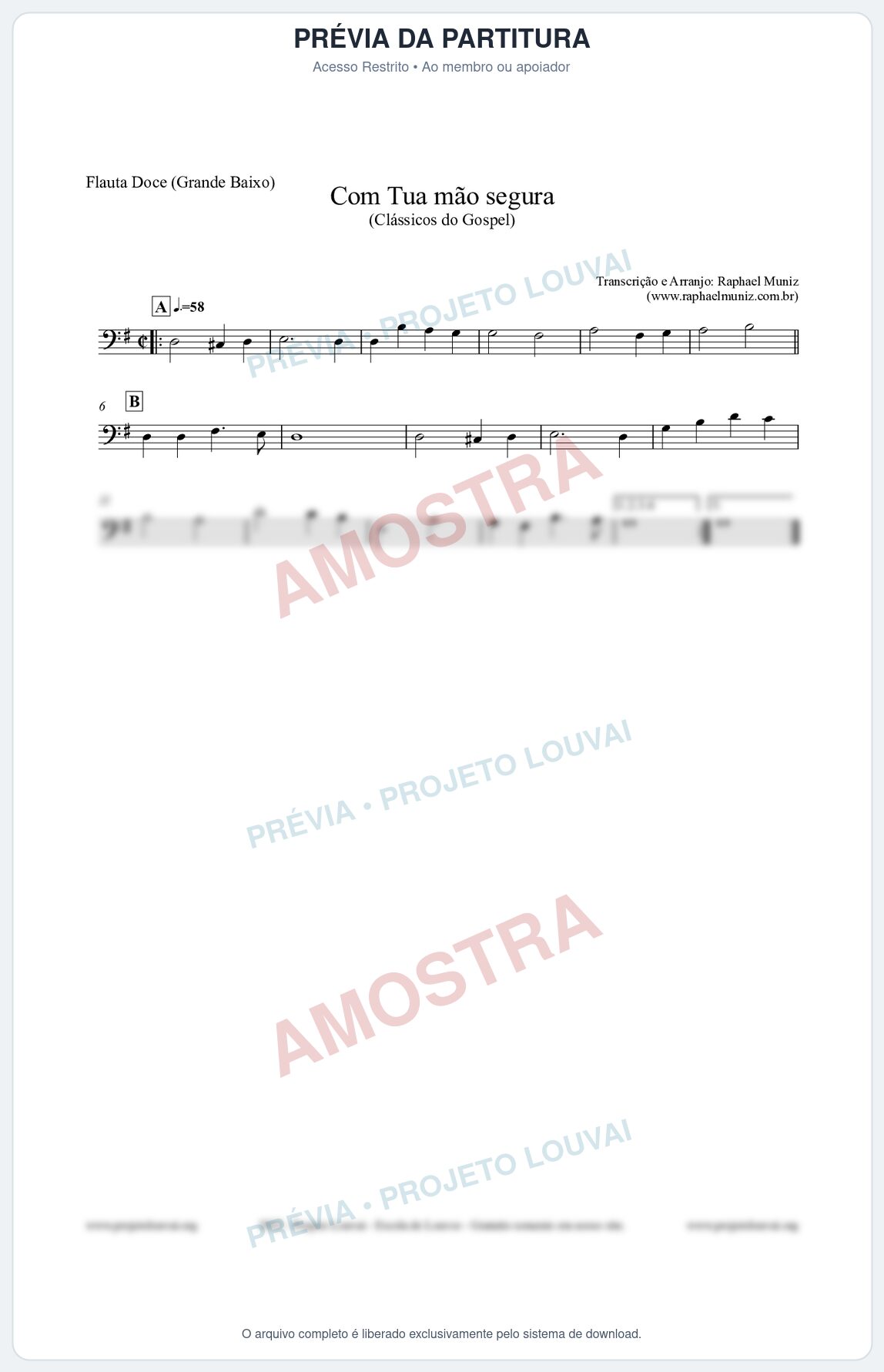 Prévia protegida da primeira página da partitura Partitura para Flauta Doce (Grande Baixo) - Com tua mão segura - Harpa Cristã nº33 - Clássicos do Gospel