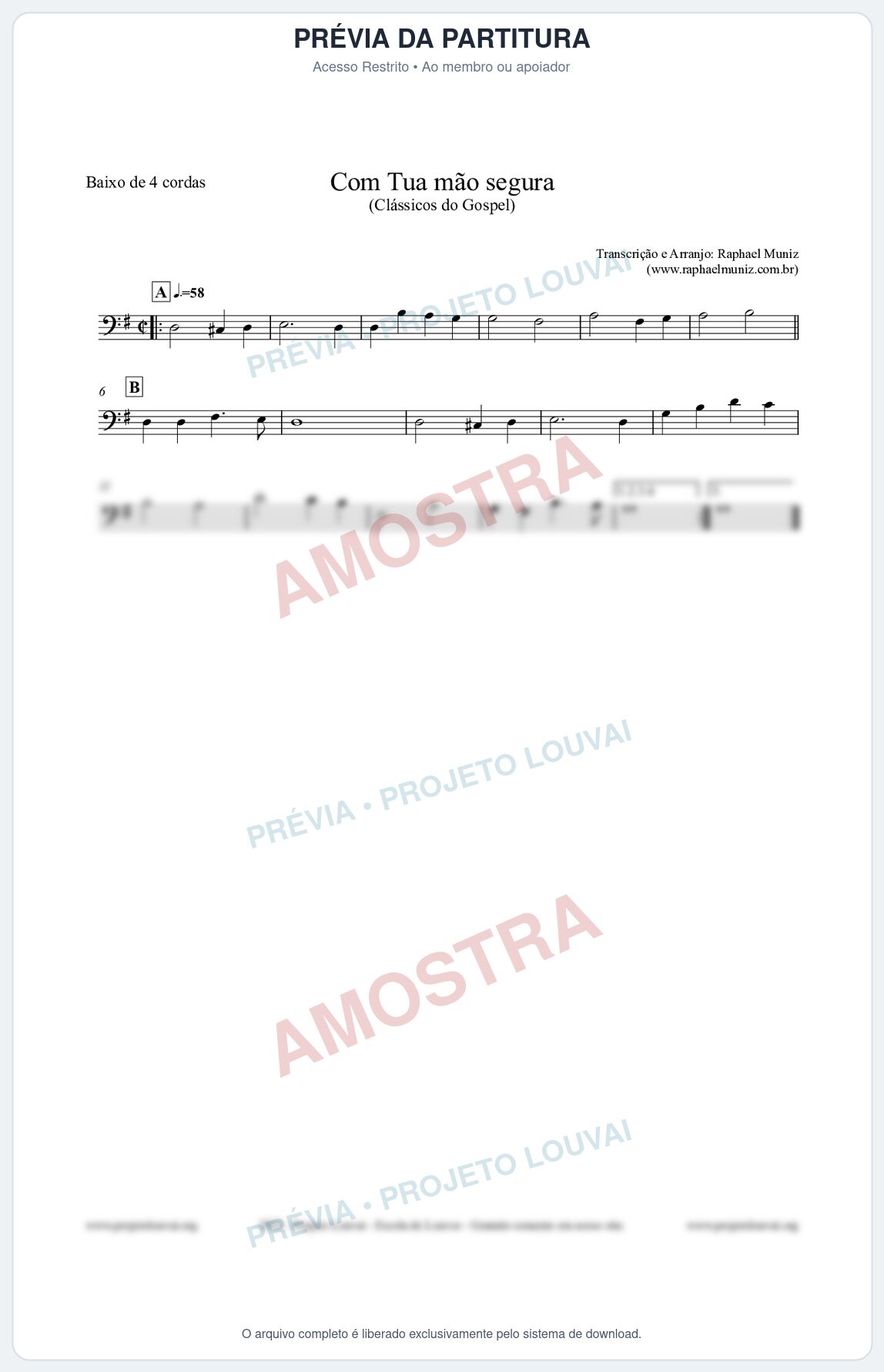Prévia protegida da primeira página da partitura Partitura para Baixo de 4 cordas - Com tua mão segura - Harpa Cristã nº33 - Clássicos do Gospel