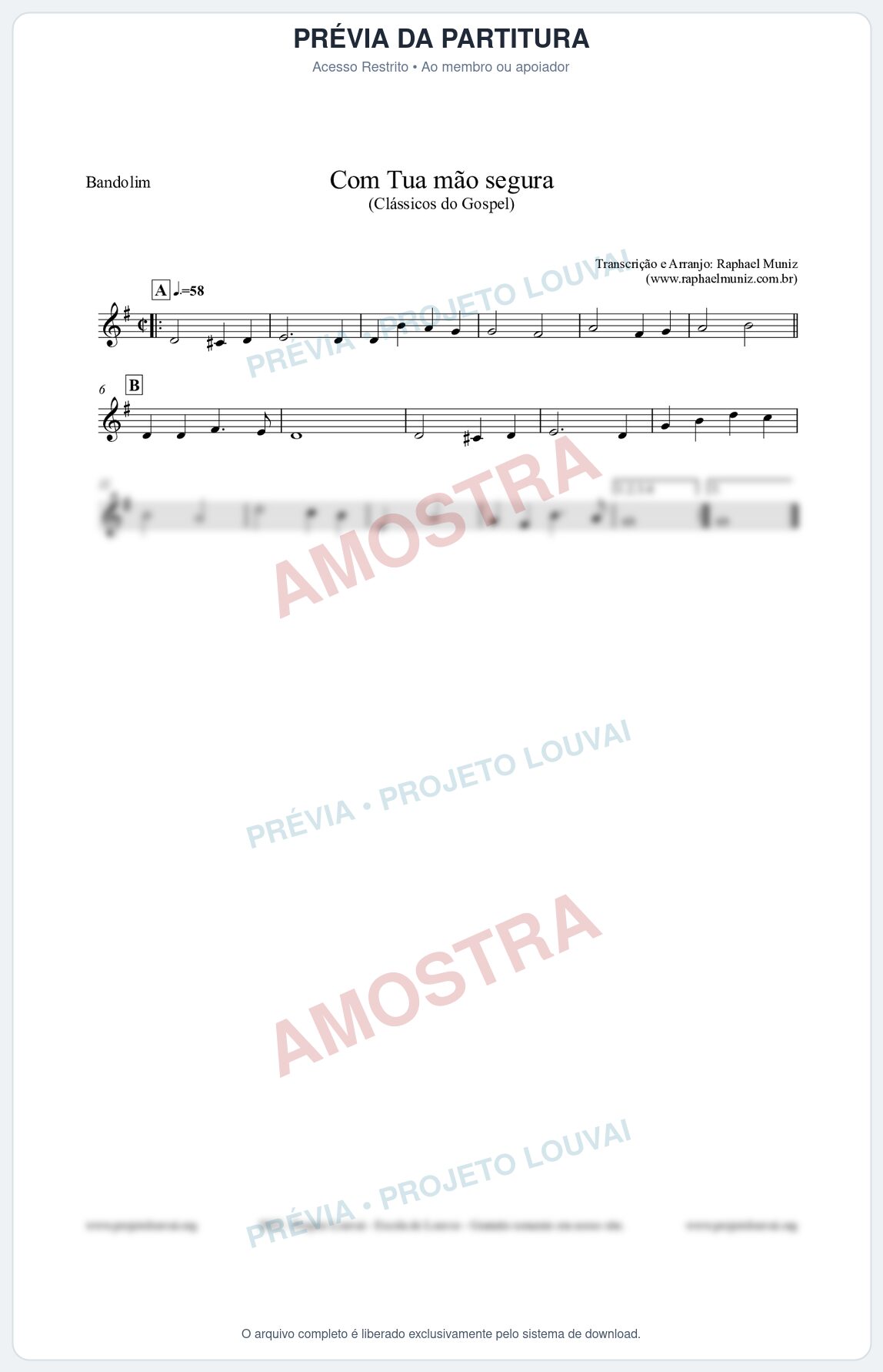 Prévia protegida da primeira página da partitura Partitura para Bandolim - Com tua mão segura - Harpa Cristã nº33 - Clássicos do Gospel