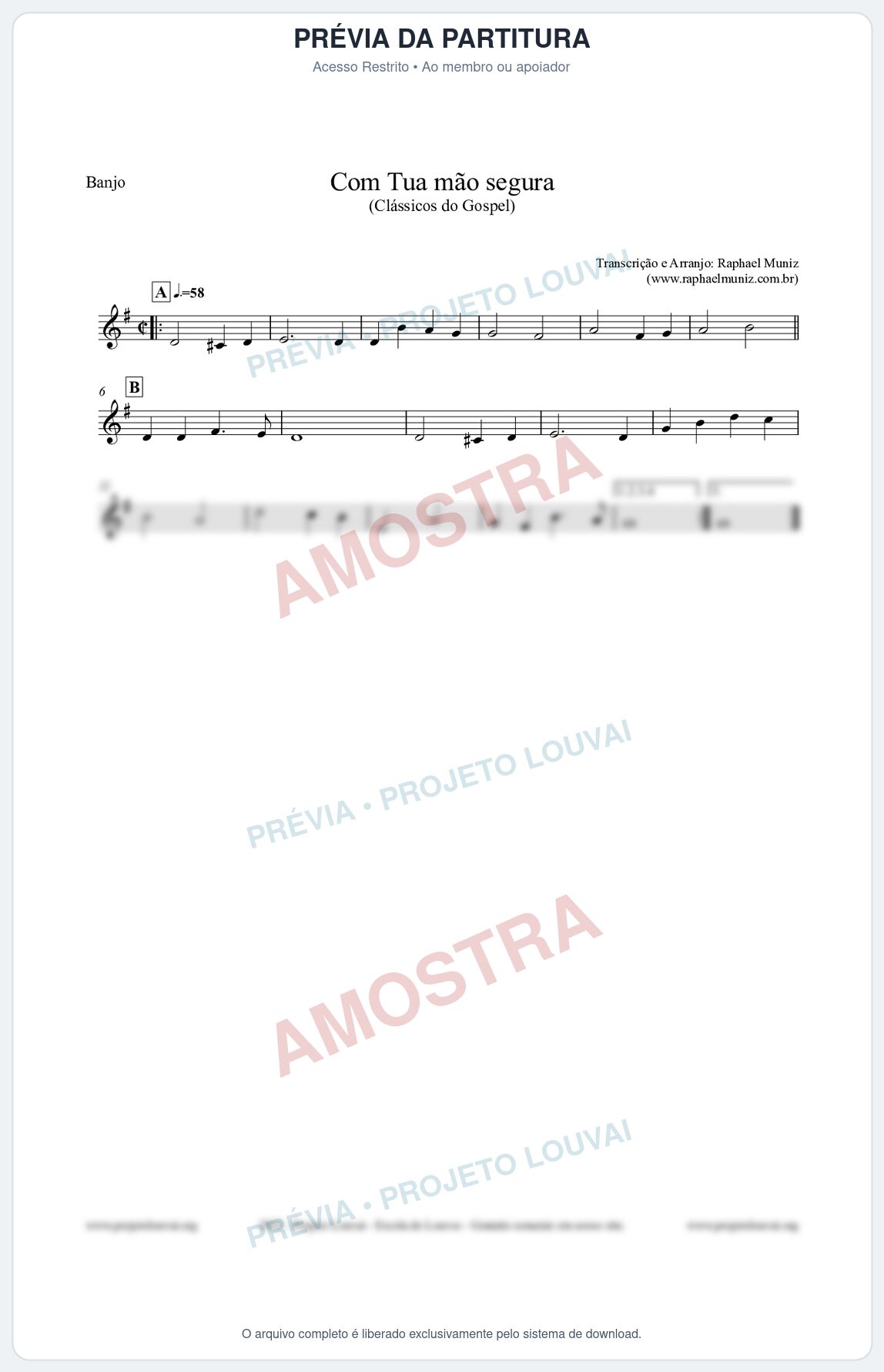 Prévia protegida da primeira página da partitura Partitura para Banjo - Com tua mão segura - Harpa Cristã nº33 - Clássicos do Gospel