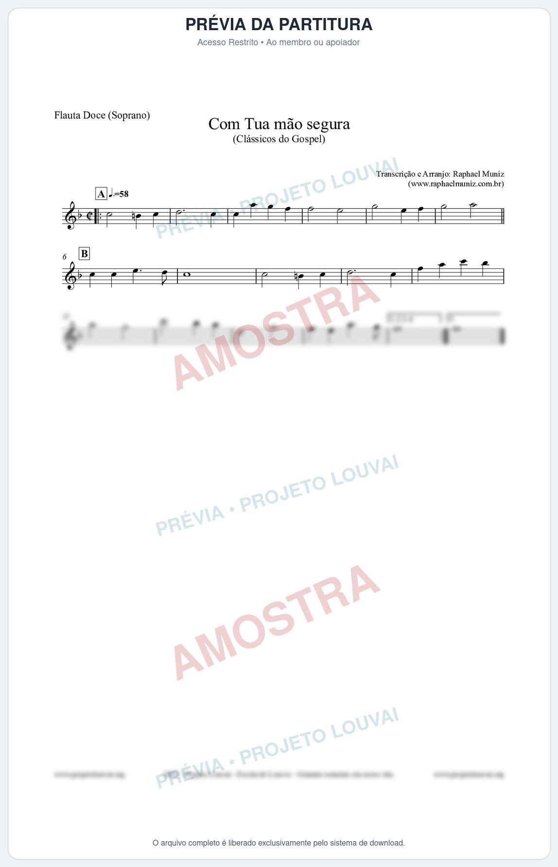 Prévia protegida da primeira página da partitura Partitura para Flauta Doce (Soprano) - Com tua mão segura - Harpa Cristã nº33 - Clássicos do Gospel