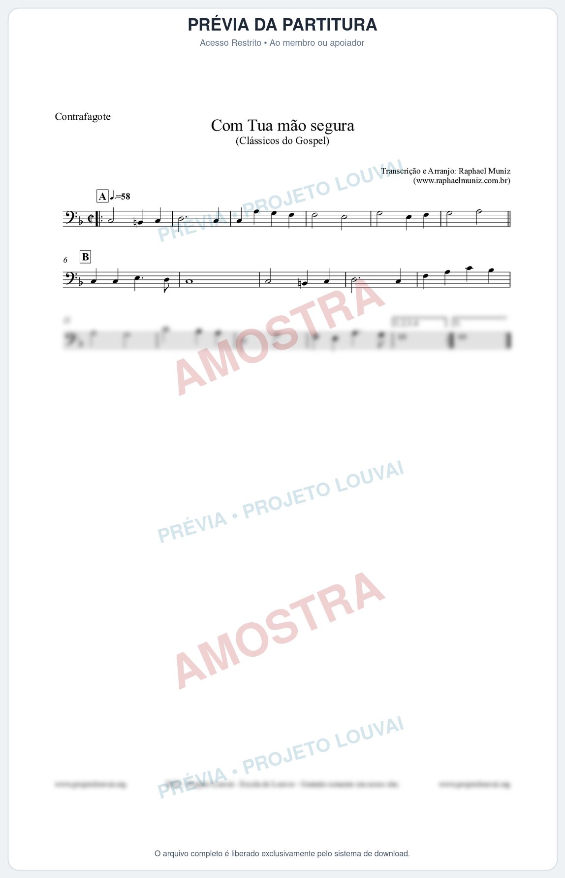 Prévia protegida da primeira página da partitura Partitura para Contrafagote - Com tua mão segura - Harpa Cristã nº33 - Clássicos do Gospel