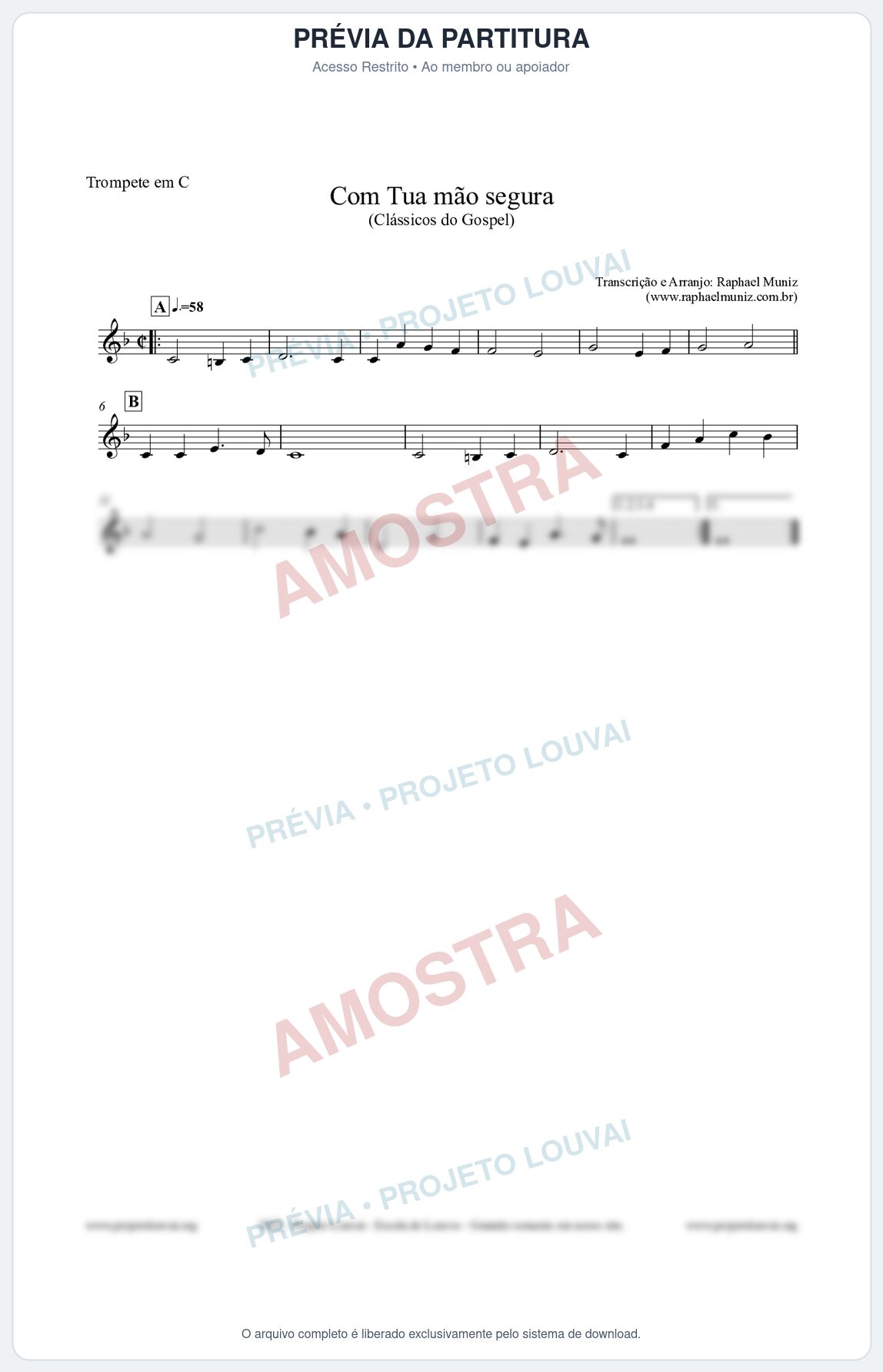 Prévia protegida da primeira página da partitura Partitura para Trompete em C - Com tua mão segura - Harpa Cristã nº33 - Clássicos do Gospel