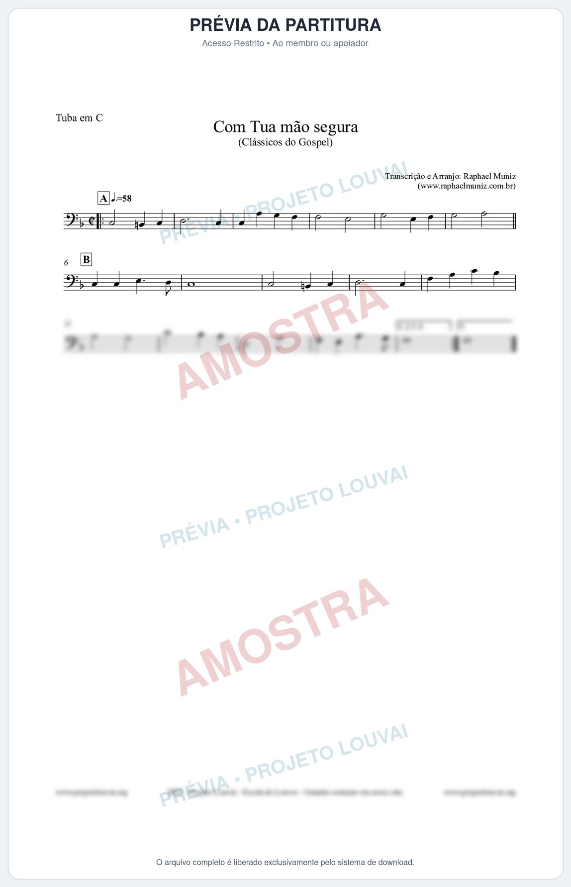Prévia protegida da primeira página da partitura Partitura para Tuba em C - Com tua mão segura - Harpa Cristã nº33 - Clássicos do Gospel