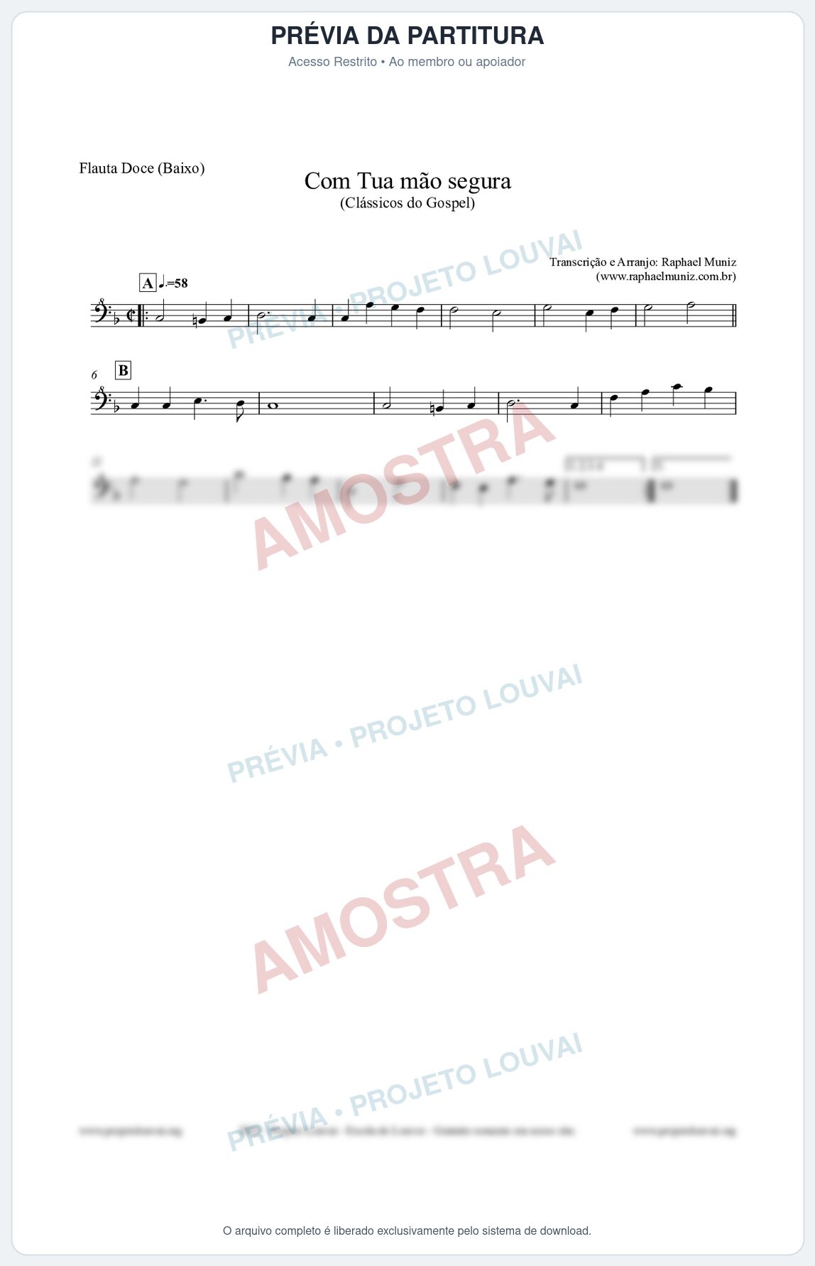 Prévia protegida da primeira página da partitura Partitura para Flauta Doce (Baixo) - Com tua mão segura - Harpa Cristã nº33 - Clássicos do Gospel