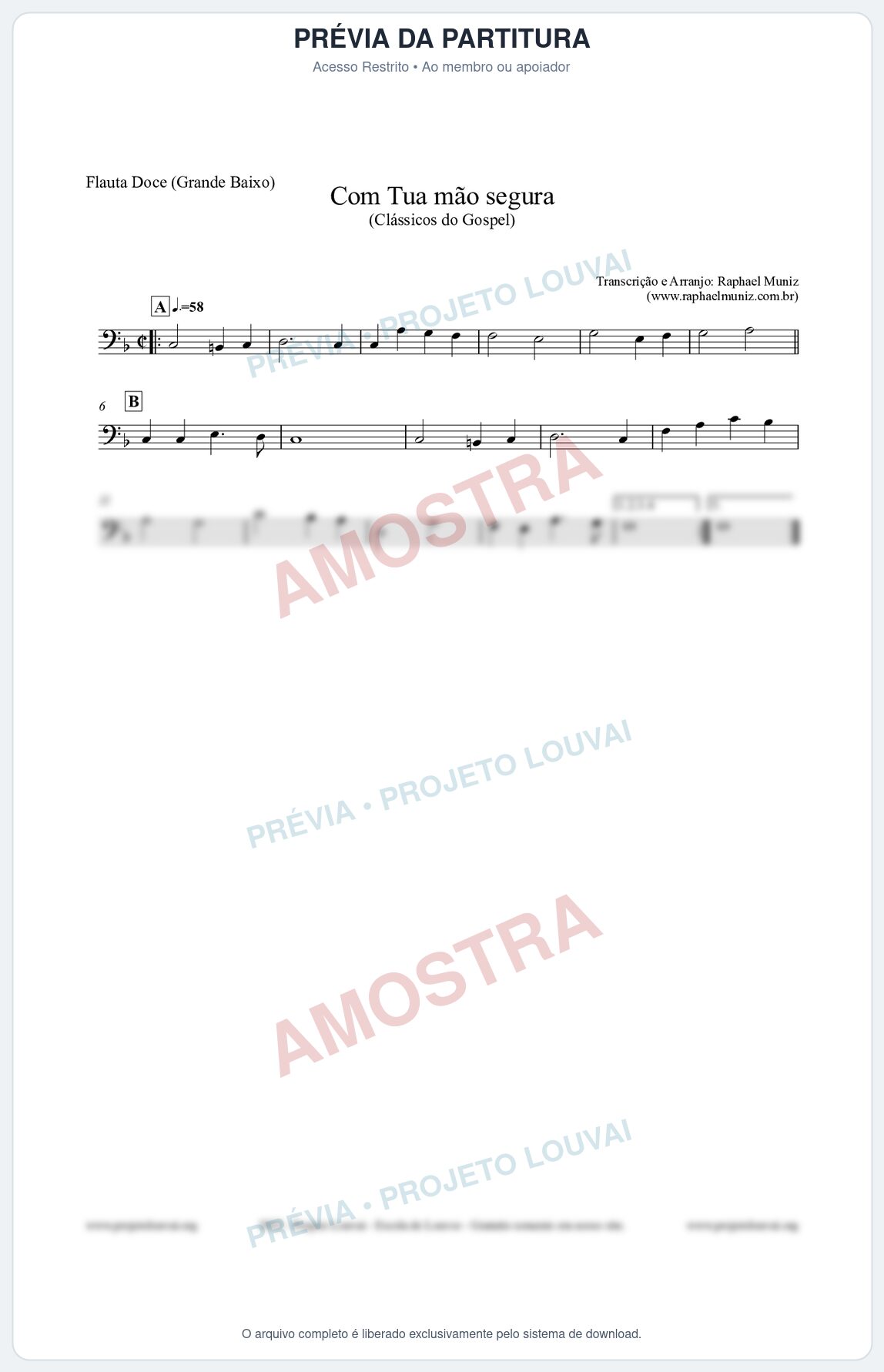 Prévia protegida da primeira página da partitura Partitura para Flauta Doce (Grande Baixo) - Com tua mão segura - Harpa Cristã nº33 - Clássicos do Gospel