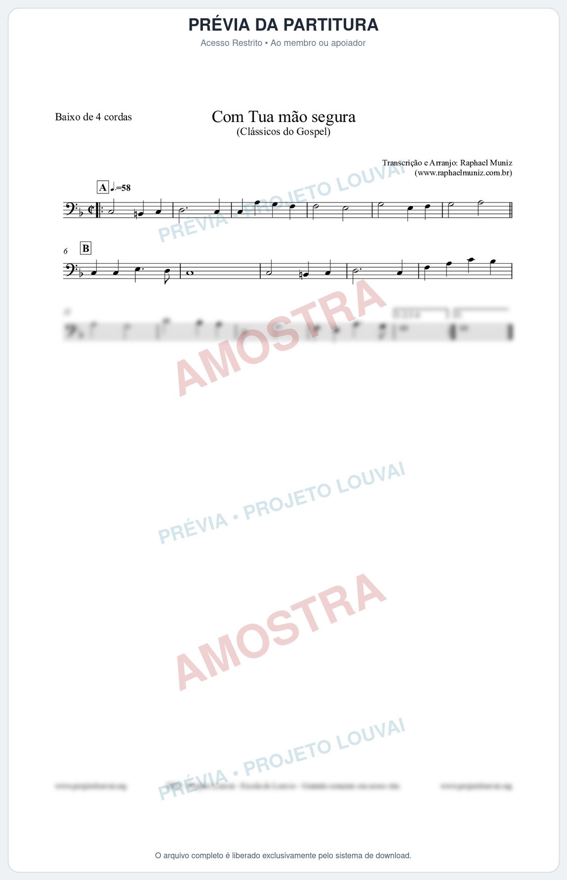 Prévia protegida da primeira página da partitura Partitura para Baixo de 4 cordas - Com tua mão segura - Harpa Cristã nº33 - Clássicos do Gospel