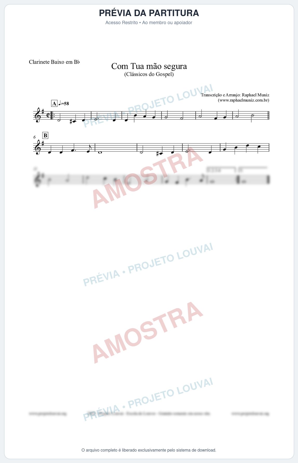 Prévia protegida da primeira página da partitura Partitura para Clarinete Baixo em Bb - Com tua mão segura - Harpa Cristã nº33 - Clássicos do Gospel