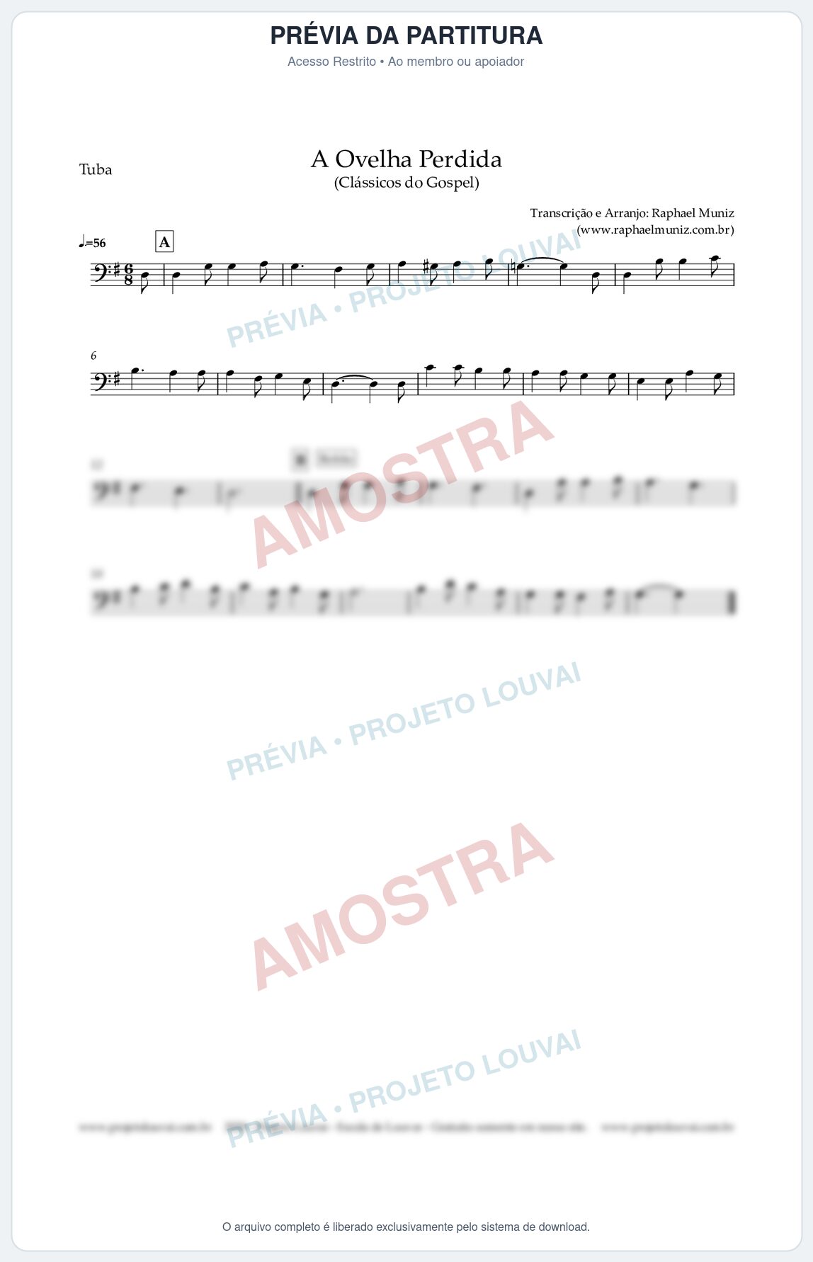 Prévia protegida da primeira página da partitura Partitura para Tuba em Dó - A Ovelha Perdida - Harpa Cristã nº156 - Clássicos do Gospel