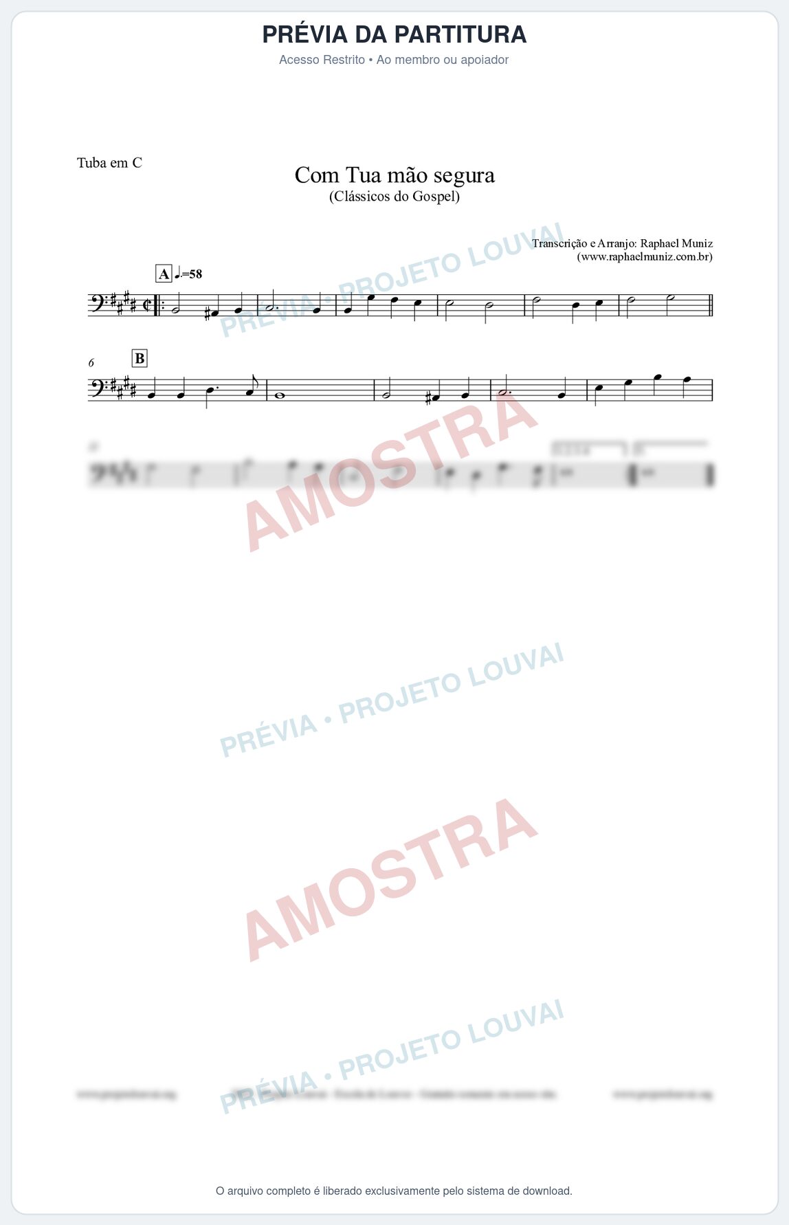Prévia protegida da primeira página da partitura Partitura para Tuba em C - Com tua mão segura - Harpa Cristã nº33 - Clássicos do Gospel