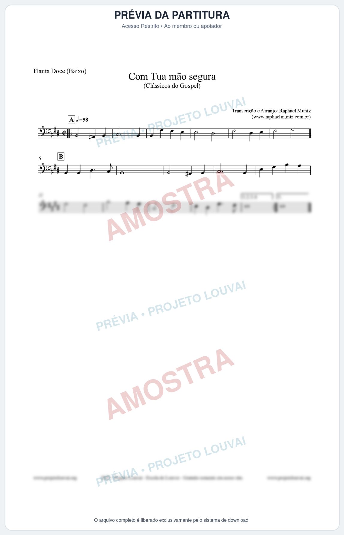 Prévia protegida da primeira página da partitura Partitura para Flauta Doce (Baixo) - Com tua mão segura - Harpa Cristã nº33 - Clássicos do Gospel