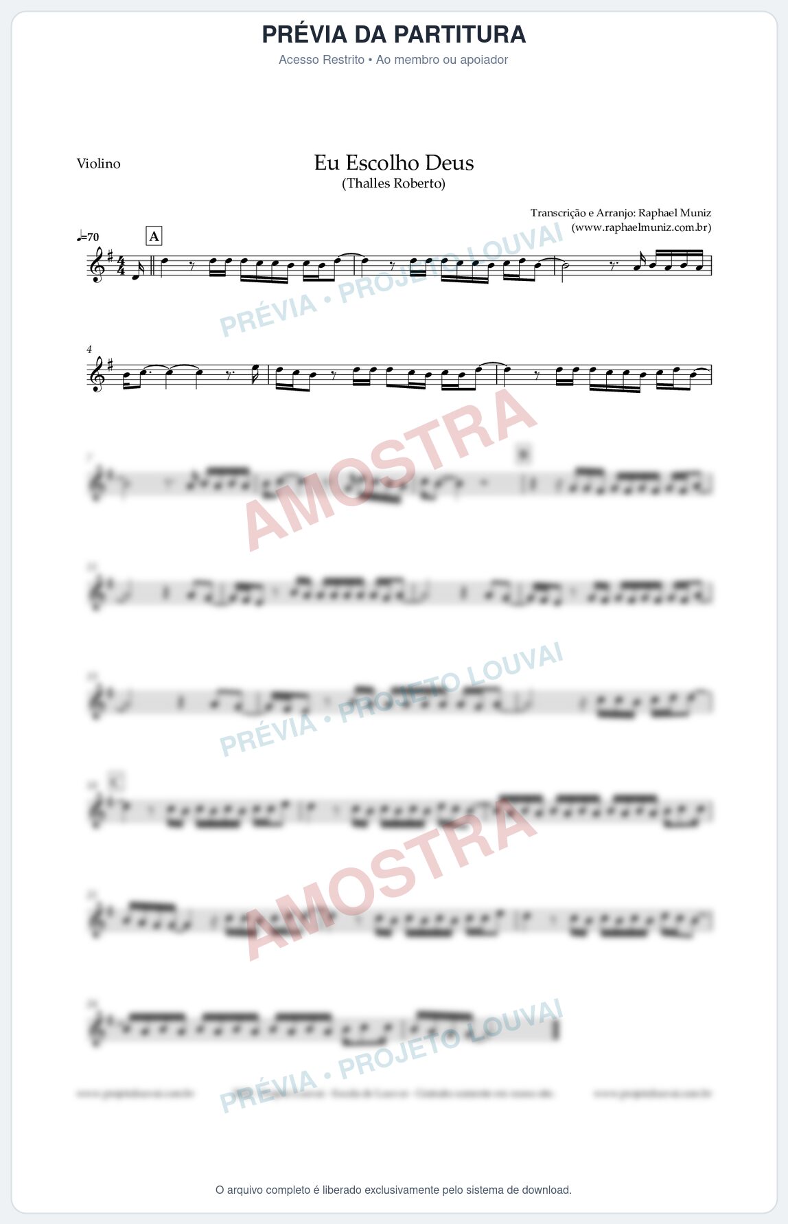 Prévia protegida da primeira página da partitura Partitura para Violino - Eu Escolho Deus - Thalles Roberto