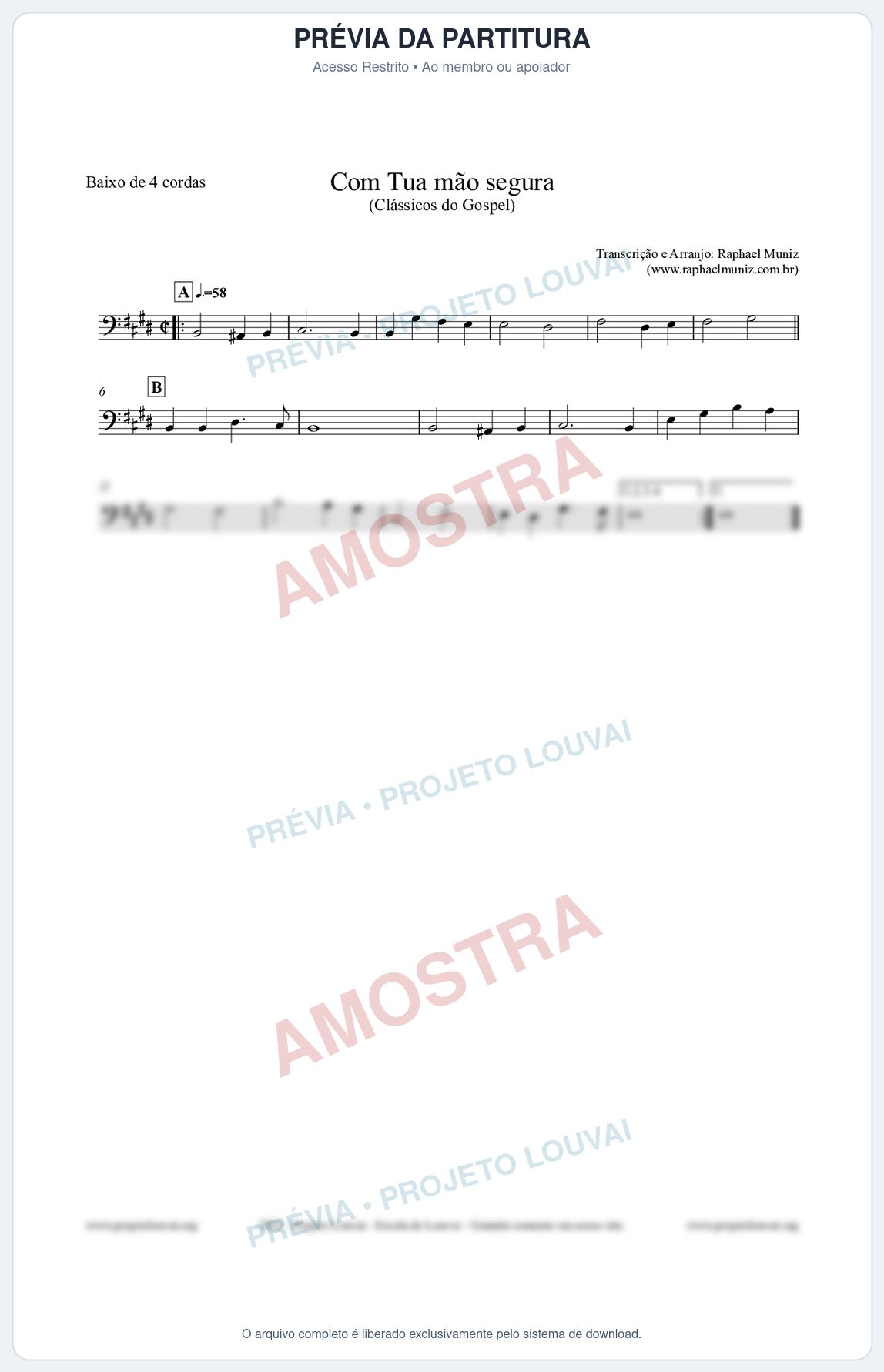 Prévia protegida da primeira página da partitura Partitura para Baixo de 4 cordas - Com tua mão segura - Harpa Cristã nº33 - Clássicos do Gospel