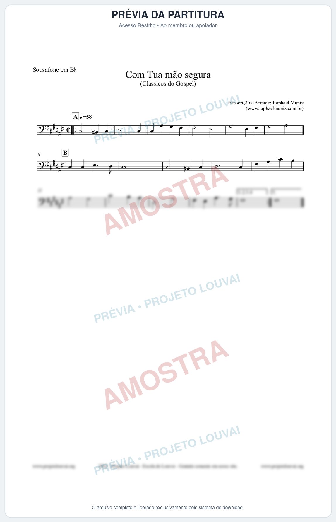 Prévia protegida da primeira página da partitura Partitura para Sousafone em Bb - Com tua mão segura - Harpa Cristã nº33 - Clássicos do Gospel