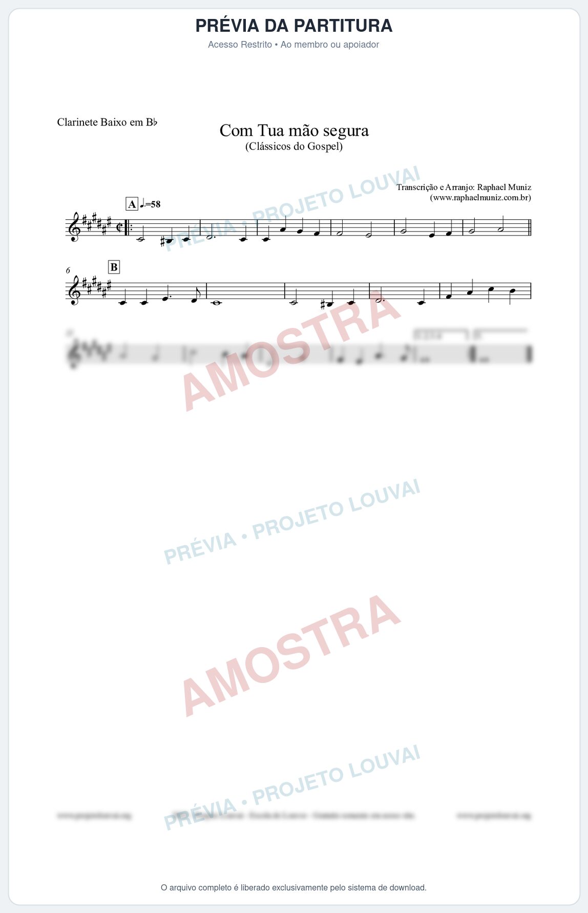 Prévia protegida da primeira página da partitura Partitura para Clarinete Baixo em Bb - Com tua mão segura - Harpa Cristã nº33 - Clássicos do Gospel