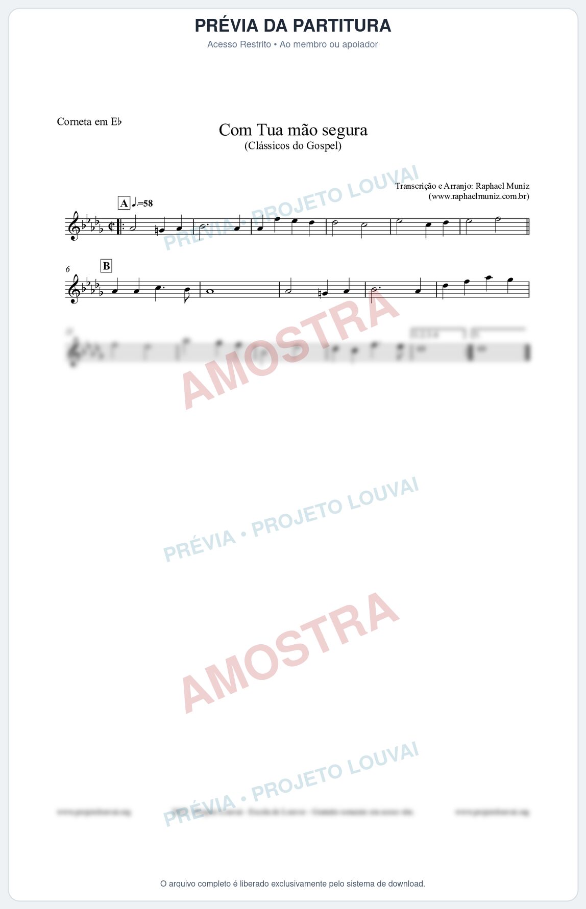 Prévia protegida da primeira página da partitura Partitura para Corneta em Eb - Com tua mão segura - Harpa Cristã nº33 - Clássicos do Gospel