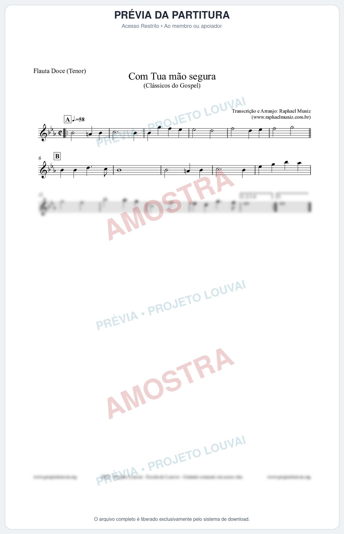 Prévia protegida da primeira página da partitura Partitura para Flauta Doce (Tenor) - Com tua mão segura - Harpa Cristã nº33 - Clássicos do Gospel