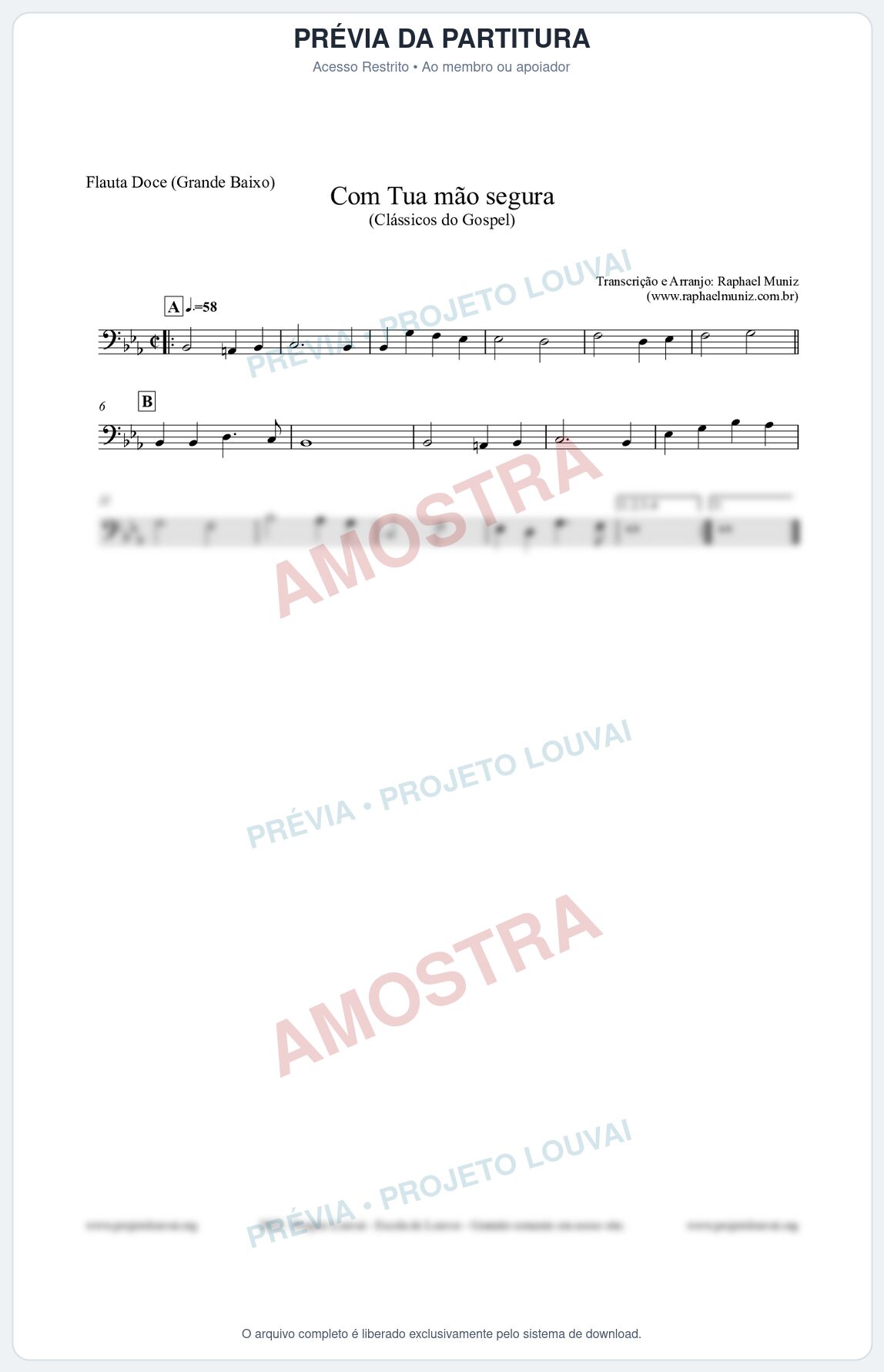 Prévia protegida da primeira página da partitura Partitura para Flauta Doce (Grande Baixo) - Com tua mão segura - Harpa Cristã nº33 - Clássicos do Gospel