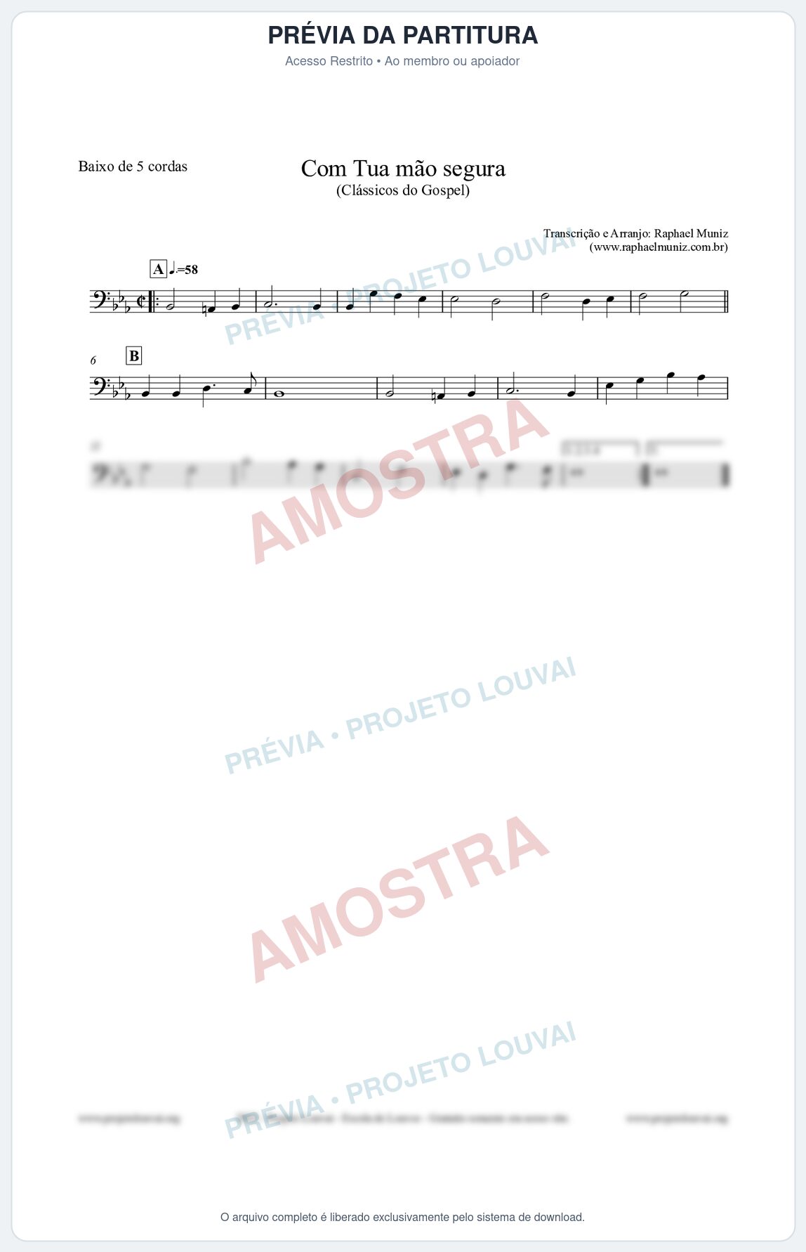 Prévia protegida da primeira página da partitura Partitura para Baixo de 5 cordas - Com tua mão segura - Harpa Cristã nº33 - Clássicos do Gospel