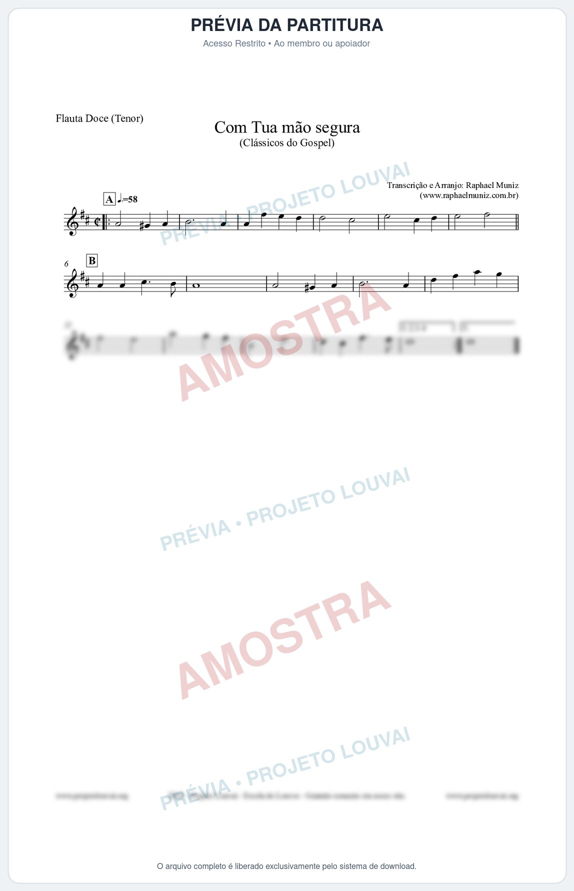 Prévia protegida da primeira página da partitura Partitura para Flauta Doce (Tenor) - Com tua mão segura - Harpa Cristã nº33 - Clássicos do Gospel