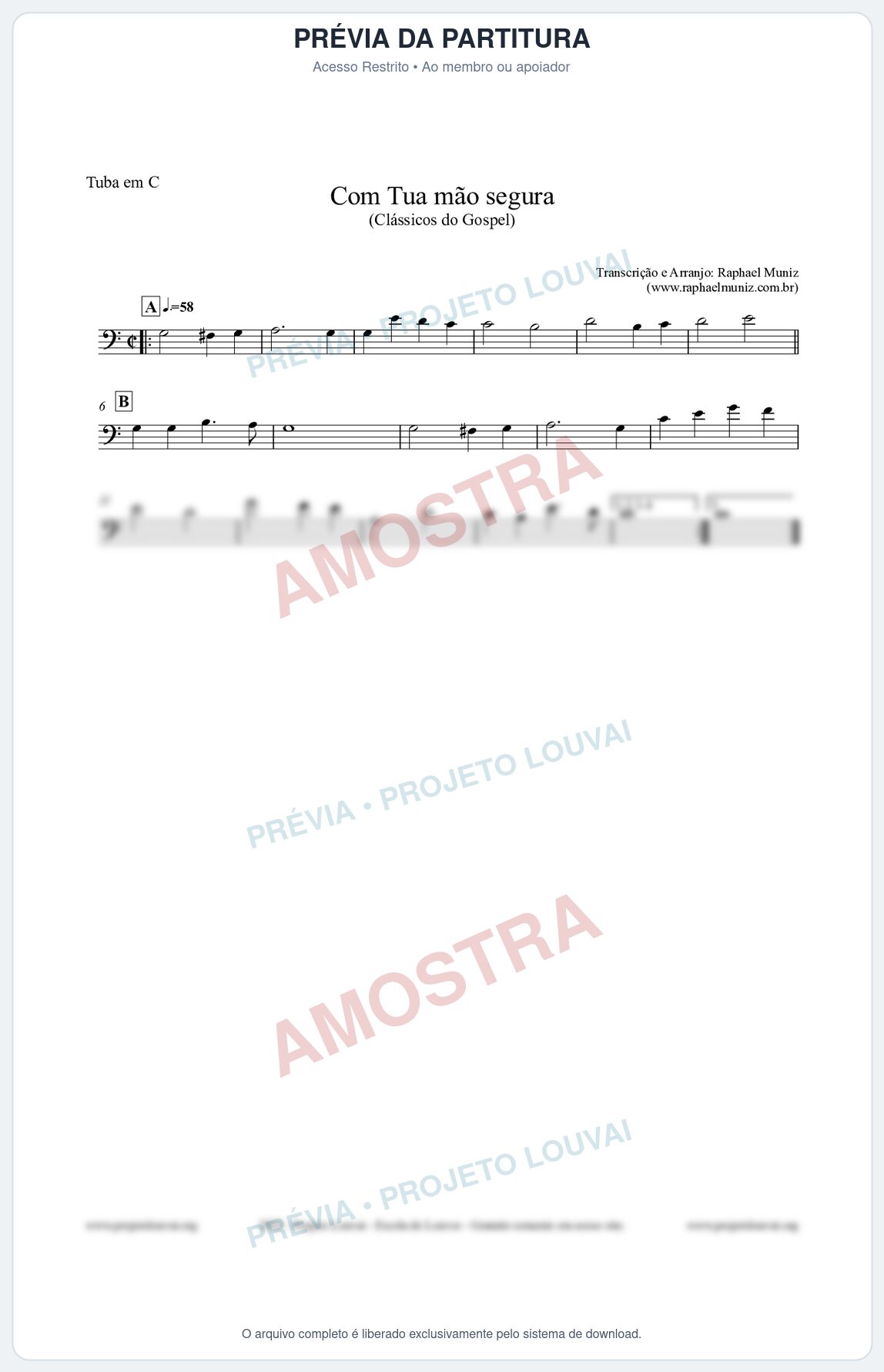Prévia protegida da primeira página da partitura Partitura para Tuba em C - Com tua mão segura - Harpa Cristã nº33 - Clássicos do Gospel