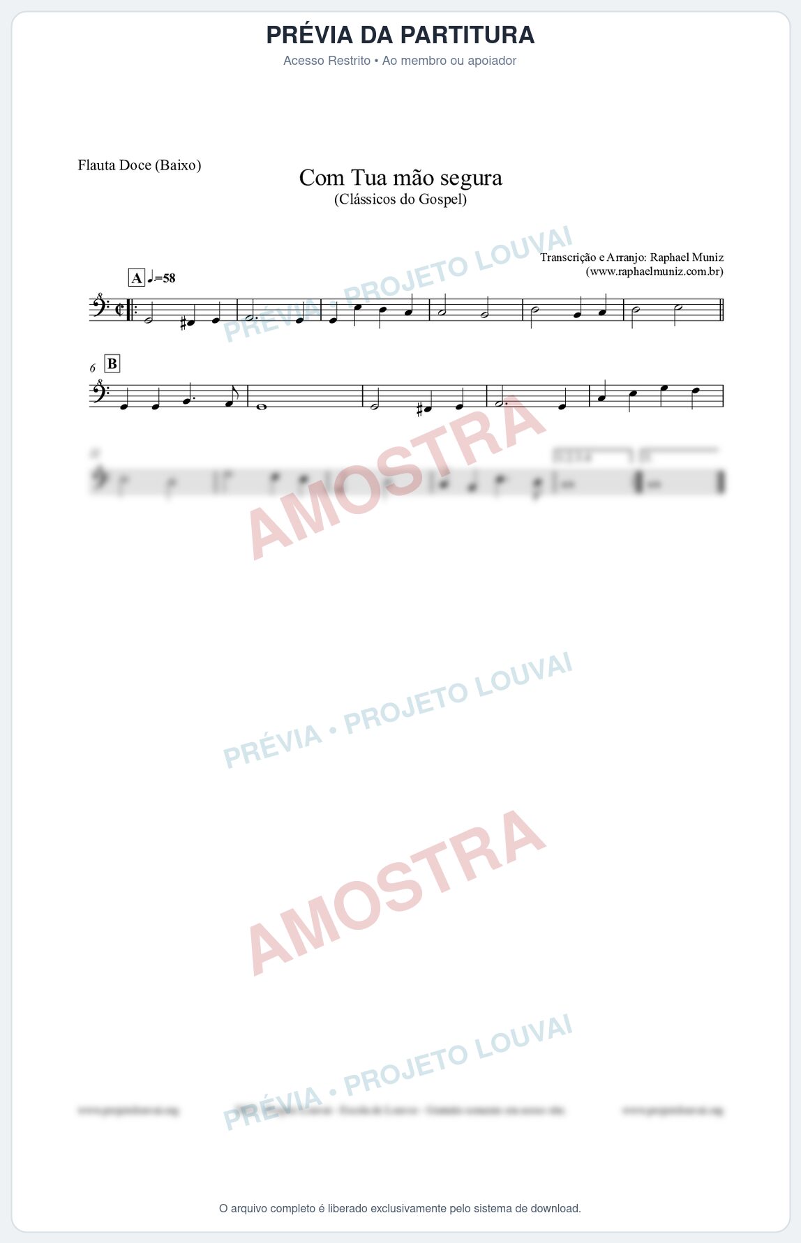 Prévia protegida da primeira página da partitura Partitura para Flauta Doce (Baixo) - Com tua mão segura - Harpa Cristã nº33 - Clássicos do Gospel
