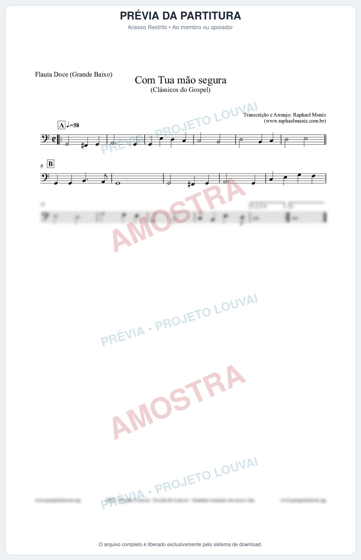 Prévia protegida da primeira página da partitura Partitura para Flauta Doce (Grande Baixo) - Com tua mão segura - Harpa Cristã nº33 - Clássicos do Gospel